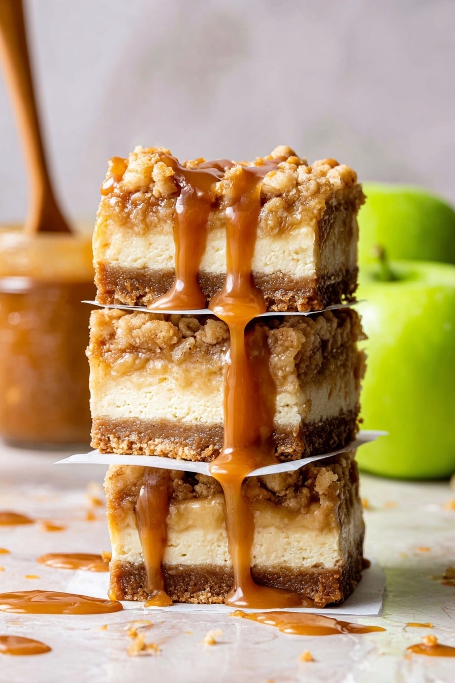 A stack of three dessert bars sits on a white marbled surface, each separated by a thin square of white paper. Each bar has three layers: a bottom thick golden brown crumbly crust, a middle creamy white cheesecake layer, and a top crumbly golden layer with bits of nuts or streusel. Rich caramel sauce is generously drizzled over the top and sides of all three bars, with some caramel flowing down and pooling slightly at the base. In the background, there is a blurred glass jar filled with caramel and a spoon sticking out, next to a pair of bright green apples. Photo taken with an iphone --ar 2:3 --v 7 - Caramel Apple Cheesecake Bars, apple dessert bars, caramel cheesecake bars, fall dessert recipes, easy apple cheesecake bars