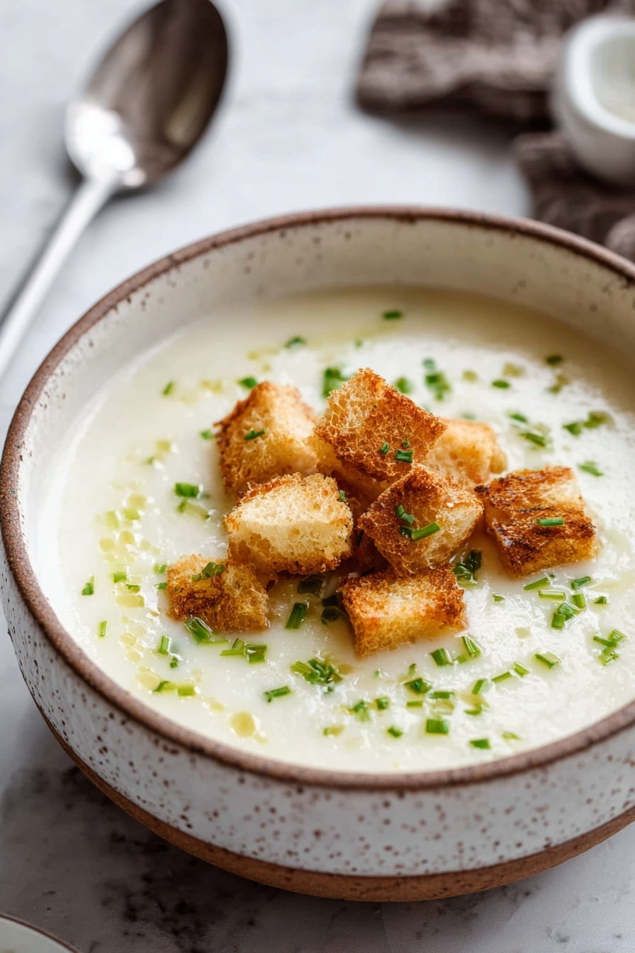 A small white oval bowl filled with creamy, pale yellow soup forms the base layer, topped with scattered small green chopped chives that add texture and color. Bright yellow drops of olive oil are delicately drizzled across the surface, along with a light sprinkle of fine black pepper, creating a speckled effect. The bowl sits on a white marbled surface, and partial views of similar bowls surround it, emphasizing the cozy and fresh presentation. Photo taken with an iphone --ar 2:3 --v 7 - Creamy Roasted Garlic Potato Soup, roasted garlic potato soup, comforting potato soup, easy creamy soup recipes, garlic potato soup
