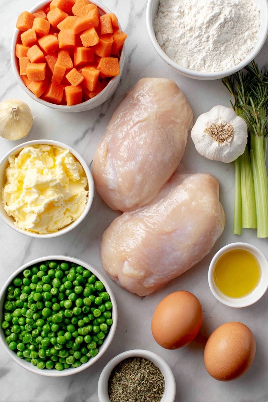 Flat lay of bone-in skinless chicken breasts with pale pink flesh and smooth skin, a small yellow onion whole and unpeeled, three whole garlic cloves unbroken, two bright green celery stalks, a handful of fresh diced orange carrots, a small mound of vibrant green frozen peas, a small white bowl filled with golden olive oil, a small white bowl with pale yellow melted butter, a small white bowl holding off-white half and half cream, a small white bowl with fine white cake flour, a small white bowl with light brown granulated sugar, two whole brown eggs with clean uncracked shells, a small white bowl containing a mixture of dried herbs including basil, parsley, thyme, rosemary, and a small white bowl of chicken broth with a rich amber tone, arranged symmetrically on a clean white marble surface, soft natural light, photo taken with an iPhone, professional food photography style, fresh ingredients, white ceramic bowls, no bottles, no duplicates, no utensils, no packaging --ar 2:3 --v 7 --p awthu7i m7354615311229779997 - Hearty Chicken and Dumplings, Chicken and Dumplings recipe, comforting chicken stew, easy chicken and dumplings, homemade chicken and dumplings