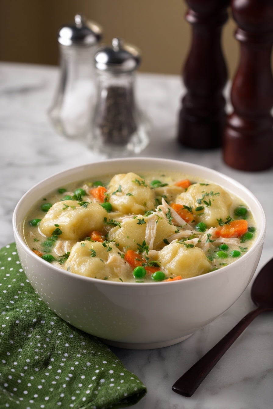 A close-up view of a white pot filled with a creamy stew, showing many light beige dumplings floating on top. Below the dumplings, small pieces of orange carrot, light green celery, and shredded light beige chicken are visible in the thick, pale sauce. Tiny green herb flecks are sprinkled across the dumplings and stew. A silver ladle is partially submerged in the pot, with a blue spoon inside the pot scooping some stew. The pot is placed on a white marbled surface with a green cloth nearby. photo taken with an iphone --ar 2:3 --v 7 - Hearty Chicken and Dumplings, Chicken and Dumplings recipe, comforting chicken stew, easy chicken and dumplings, homemade chicken and dumplings
