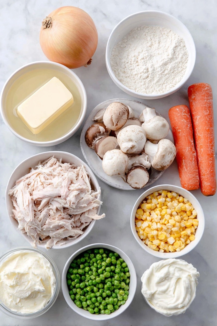 Flat lay of unsalted butter in a simple white ceramic bowl, a medium whole yellow onion with its smooth skin, two medium fresh carrots whole, two celery stalks with leafy tops, white and brown mushrooms sliced in a white bowl, three whole uncracked garlic cloves, a small white bowl filled with all-purpose flour, a small white bowl with clear chicken stock, Yukon gold potatoes peeled and sliced into thin rounds, shredded cooked chicken neatly piled, a small white bowl of bright green frozen peas, a small white bowl of yellow corn kernels, a small white bowl with creamy whipping cream, and a small pile of fresh green parsley leaves placed on a clean white marble surface, soft natural light, photo taken with an iPhone, professional food photography style, fresh ingredients, white ceramic bowls, no bottles, no duplicates, no utensils, no packaging --ar 2:3 --v 7 --p awthu7i m7354615311229779997 - Creamy Chicken Pot Pie Soup, chicken pot pie soup recipe, hearty comfort soup, easy chicken soup recipe, cozy dinner idea