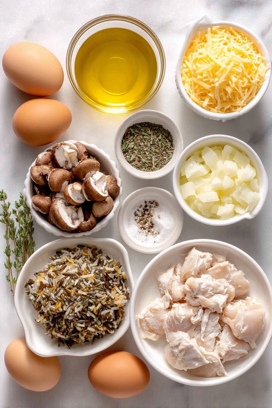 Flat lay of raw wild rice mixture in a small white ceramic bowl, a small diced yellow onion in a white bowl, sliced brown cremini mushrooms arranged beside it, cubed raw boneless skinless chicken breasts neatly placed on a white plate, a small white bowl of golden olive oil, dried basil and dried thyme leaves sprinkled artfully on the surface, a few whole uncracked brown eggs with clean shells, a small white bowl holding creamy condensed mushroom soup, a small white bowl of smooth sour cream, a small white bowl of clear chicken broth, a small pile of shredded sharp cheddar cheese on a white plate, salt and black pepper flakes delicately scattered for visual balance placed on a clean white marble surface, soft natural light, photo taken with an iPhone, professional food photography style, fresh ingredients, white ceramic bowls, no bottles, no duplicates, no utensils, no packaging --ar 2:3 --v 7 --p awthu7i m7354615311229779997 - Creamy Chicken Wild Rice Casserole, Chicken Wild Rice Bake, hearty chicken casserole, comforting wild rice dish, cheesy chicken rice recipe