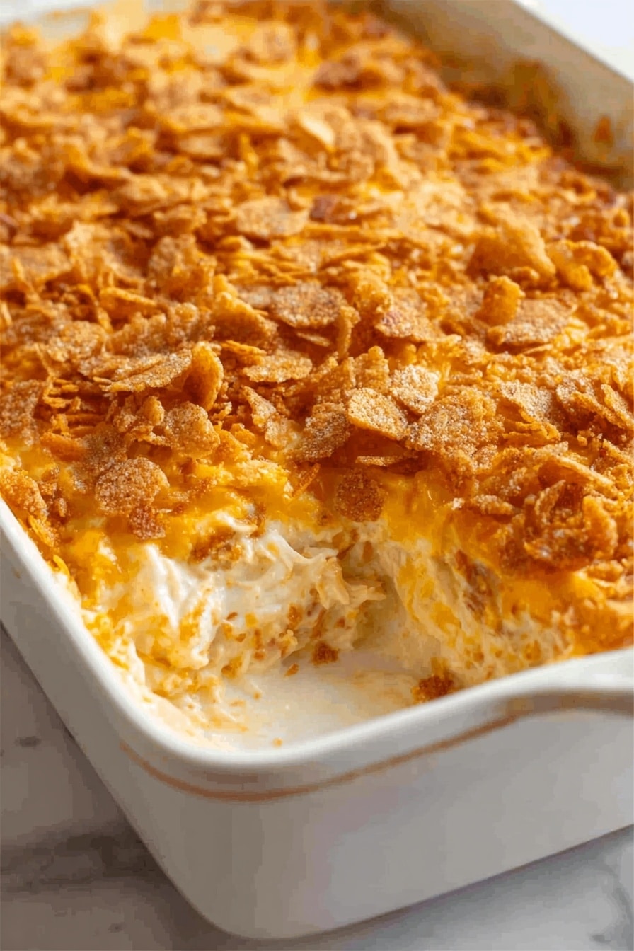 A white rectangular dish filled with a creamy casserole that has been scooped out from one corner, revealing a smooth, thick white sauce mixed with tender pieces of chicken underneath a layer of crispy shredded cheddar cheese and golden, crunchy broken cracker pieces spread evenly on top. The top layer has a toasted texture with a mix of orange and light brown shades from the melted cheese and baked crackers. The dish sits on a white marbled surface. Photo taken with an iphone --ar 2:3 --v 7 - Creamy Chicken Casserole, chicken casserole recipes, easy comfort food, cheesy casserole dinner, family-friendly chicken bake