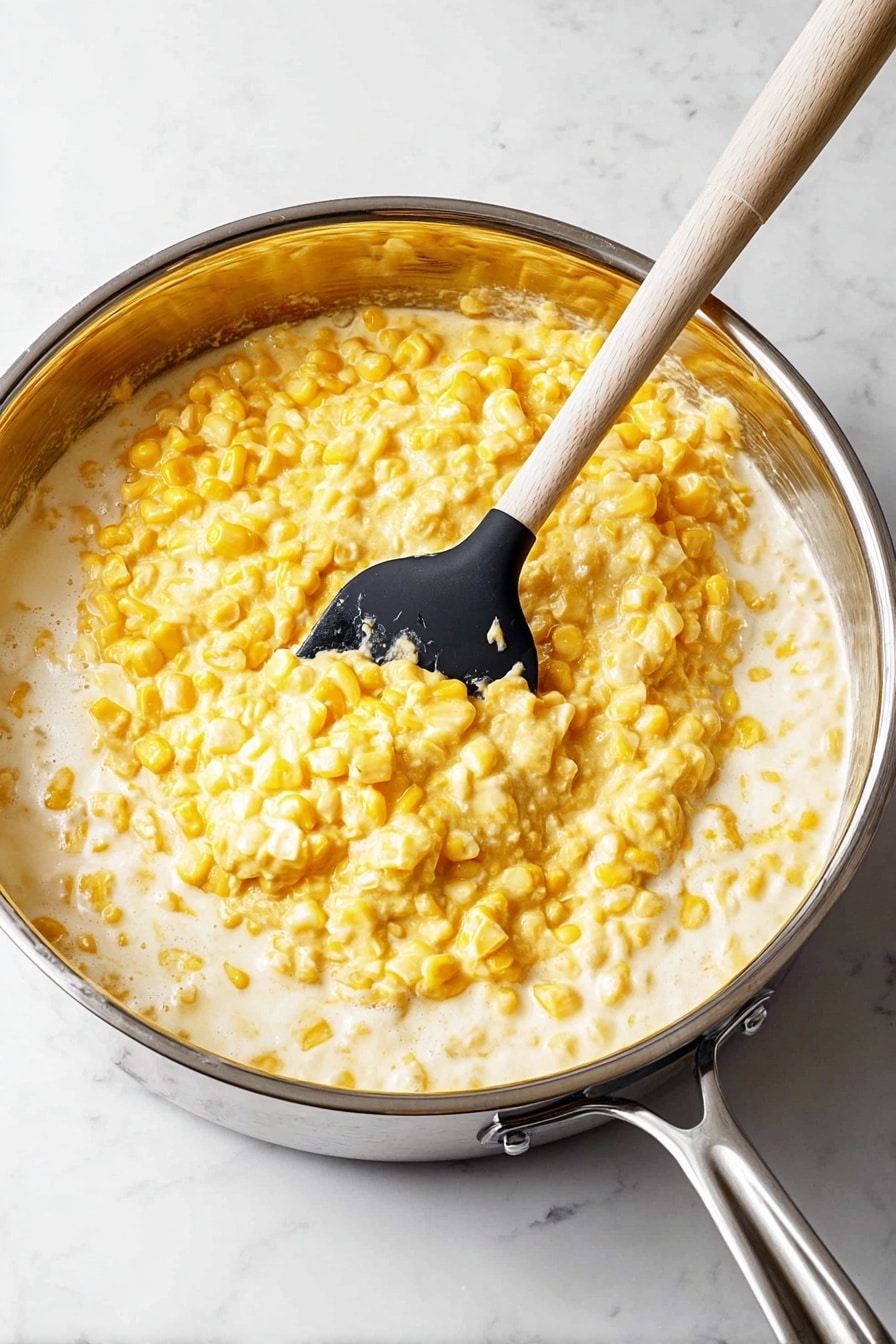 A shiny stainless steel pan filled with creamy corn that has two main layers: the bottom layer shows plump yellow corn kernels in a white creamy sauce, while the top layer is a thicker, more solid yellow corn mixture that looks soft and slightly lumpy. A black spatula with a light wooden handle is scooping some of the thicker yellow layer from the center, with a white marbled surface underneath the pan. photo taken with an iphone --ar 2:3 --v 7 - Creamed Corn Page, creamy corn side dish, easy creamed corn recipe, holiday side dishes, comforting corn side dish