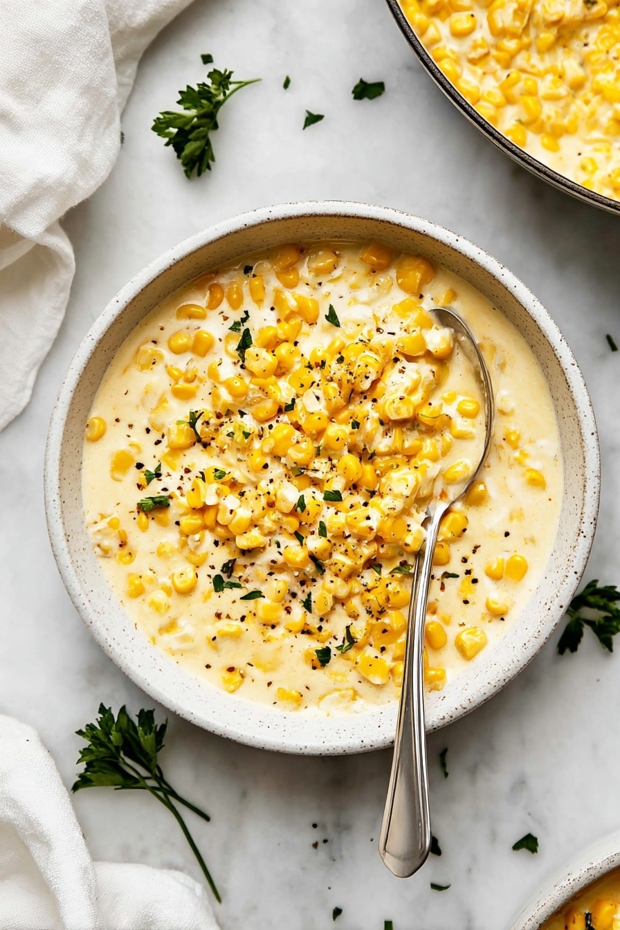 The image shows a bowl filled with creamy corn in a smooth, light yellow sauce mixed with bright yellow corn kernels. The corn is topped with small pieces of green parsley and sprinkled with black pepper. A spoon is partially inside the bowl, scooping some of the creamy corn. The bowl is white with a rough texture on the outside, placed on a white marbled surface with some green parsley scattered around. There is also a white cloth nearby and part of a pan with the same creamy corn mixture visible in the top right corner. Photo taken with an iphone --ar 2:3 --v 7 - Creamed Corn Page, creamy corn side dish, easy creamed corn recipe, holiday side dishes, comforting corn side dish