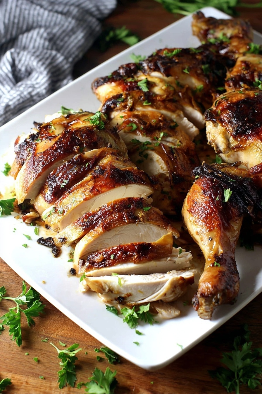 A white rectangular plate holds several pieces of cooked chicken with a golden brown crispy skin, some parts darker and slightly charred. The chicken is sliced into thick slices arranged in layers from left to right, showing tender white meat inside. There is a whole chicken leg placed on the bottom right corner of the plate. The chicken is sprinkled with fresh green parsley leaves for garnish. The plate rests on a wooden surface with scattered parsley leaves around and a gray striped cloth partially visible in the background. photo taken with an iphone --ar 2:3 --v 7 - Perfect Roast Turkey, Roast Turkey Recipe, Juicy Roast Turkey, Crispy Skin Turkey, Thanksgiving Turkey