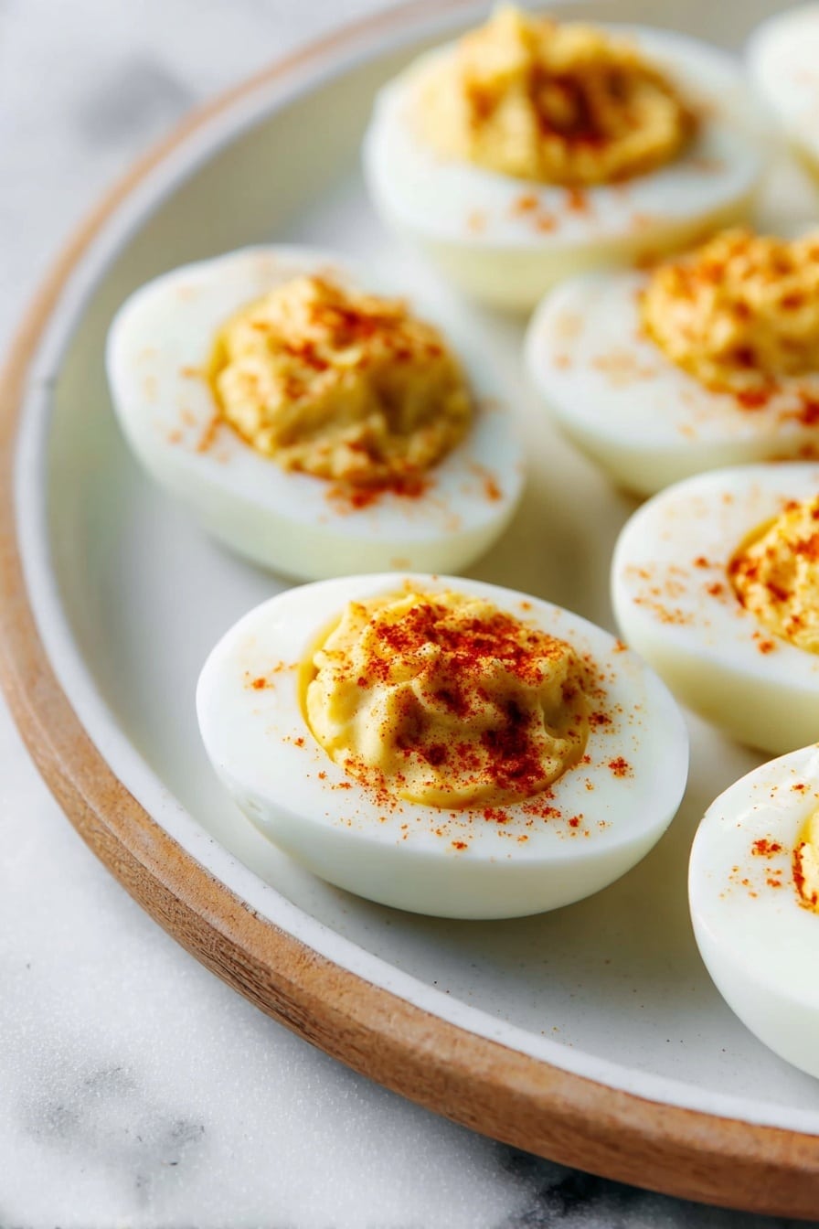 The image shows a white round plate with several halved boiled eggs neatly arranged. Each egg has two layers: a smooth, bright white egg white outer layer forming the base and a creamy, pale yellow yolk mixture filling the hollow center, topped with a light dusting of reddish-orange spice, likely paprika. The eggs are placed on a white marbled surface, and the plate has a thin wooden rim. The focus is close on the eggs, showing their moist texture and soft yolk filling clearly. Photo taken with an iphone --ar 2:3 --v 7 - Easy Classic Deviled Eggs, deviled eggs, simple deviled eggs, creamy deviled eggs, party appetizer