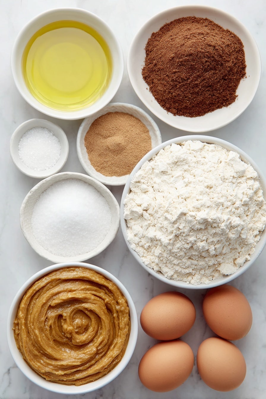 Flat lay of a small white ceramic bowl of golden vegetable oil, a small white ceramic bowl filled with white granulated sugar, two large brown eggs with clean shells, a small white ceramic bowl of rich orange pumpkin purée, a small white ceramic bowl heaped with pale all-purpose flour, a small white ceramic bowl containing warm brown pumpkin pie spice, a small white ceramic bowl with white baking soda powder, a small white ceramic bowl holding white baking powder, and a small white ceramic bowl filled with fine white salt, all arranged in perfect symmetry placed on a clean white marble surface, soft natural light, photo taken with an iPhone, professional food photography style, fresh ingredients, white ceramic bowls, no bottles, no duplicates, no utensils, no packaging --ar 2:3 --v 7 --p awthu7i m7354615311229779997 - Pumpkin Bread, Easy Pumpkin Bread, Fall Baking Recipes, Moist Pumpkin Bread, Spiced Pumpkin Bread