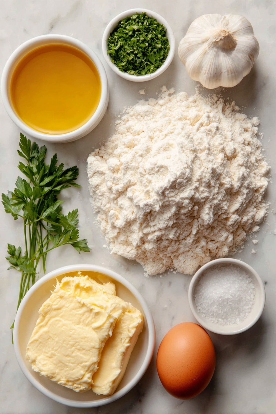 Flat lay of a small mound of white bread flour, a single large brown egg with an uncracked shell, a small white ceramic bowl of warm milk, a few granules of sugar scattered near the bowl, a pinch of salt crystals, a fresh whole garlic clove, a few sprigs of bright green chopped fresh parsley, a small white ceramic bowl of golden vegetable oil, and a small white ceramic bowl with melted butter, placed on a clean white marble surface, soft natural light, photo taken with an iPhone, professional food photography style, fresh ingredients, white ceramic bowls, no bottles, no duplicates, no utensils, no packaging --ar 2:3 --v 7 --p awthu7i m7354615311229779997 - Garlic Butter Dinner Rolls, easy dinner roll recipe, soft homemade dinner rolls, garlic bread rolls, fluffy buttery dinner rolls
