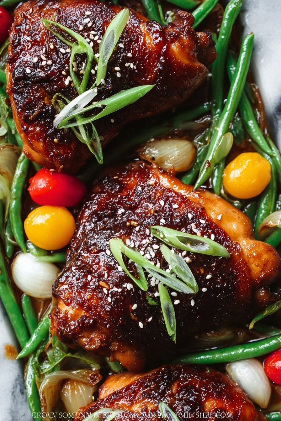 The image shows three pieces of dark brown cooked chicken with a shiny glaze, arranged close together on a white marbled surface. Each piece is topped with light green, thinly sliced curled spring onions and sprinkled with small white sesame seeds. Surrounding the chicken are bright green long beans, small yellow pearl onions, and a few red cherry tomatoes, adding color contrast. The chicken skin looks crispy with a slightly charred texture on some parts, creating a rich, savory appearance. photo taken with an iphone --ar 2:3 --v 7 - Honey Soy Glazed Chicken in Foil, honey soy chicken, foil baked chicken, easy chicken dinner, juicy baked chicken