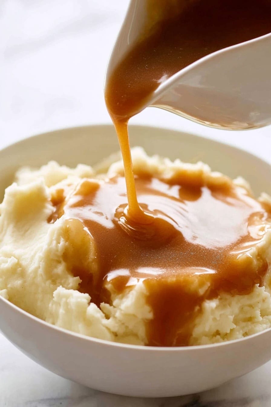 A close-up shows a white bowl filled with a creamy, pale yellow mashed potato layer that looks smooth and soft. On top, a thick, glossy brown gravy is being poured from a white gravy boat, creating a shiny, flowing layer over the mashed potatoes. The background surface is white with a marble texture. photo taken with an iphone --ar 2:3 --v 7 - KFC-Style Homemade Gravy, quick homemade gravy, easy gravy recipe, homemade gravy tips, rich flavorful gravy