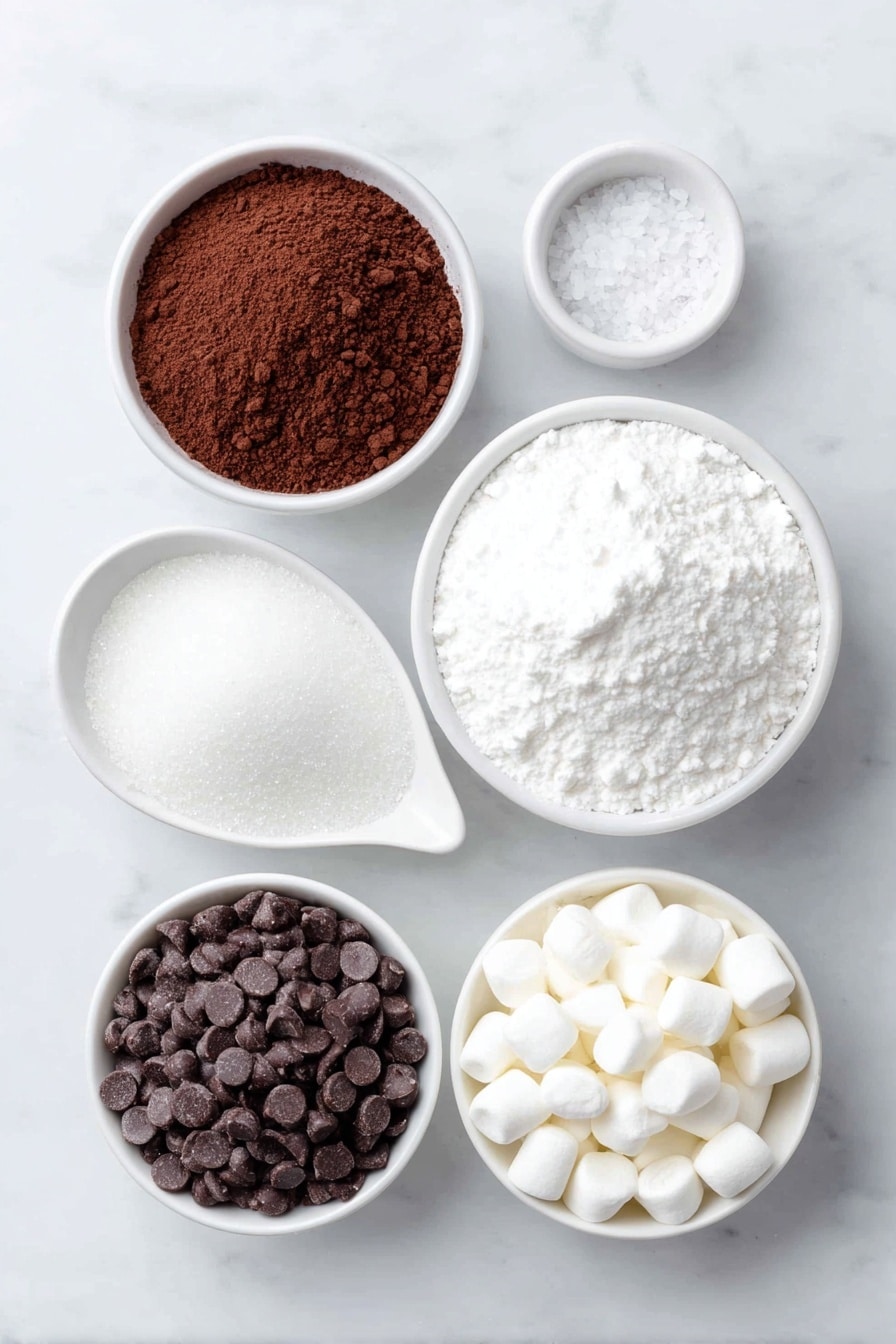 Flat lay of a small white ceramic bowl of granulated sugar, a small white ceramic bowl of rich dark cocoa powder, a tiny pinch of coarse kosher salt on a white ceramic spoon-shaped dish, a simple white ceramic bowl filled with glossy semi-sweet chocolate chips, a small white ceramic bowl with fine chocolate milk powder, and another small white ceramic bowl holding fluffy white mini marshmallows, all arranged symmetrically and balanced, placed on a clean white marble surface, soft natural light, photo taken with an iPhone, professional food photography style, fresh ingredients, white ceramic bowls, no bottles, no duplicates, no utensils, no packaging --ar 2:3 --v 7 --p awthu7i m7354615311229779997 - Delicious Hot Chocolate Bombs, Hot Chocolate Bombs recipe, homemade hot chocolate bombs, easy hot chocolate bombs, festive hot chocolate drinks