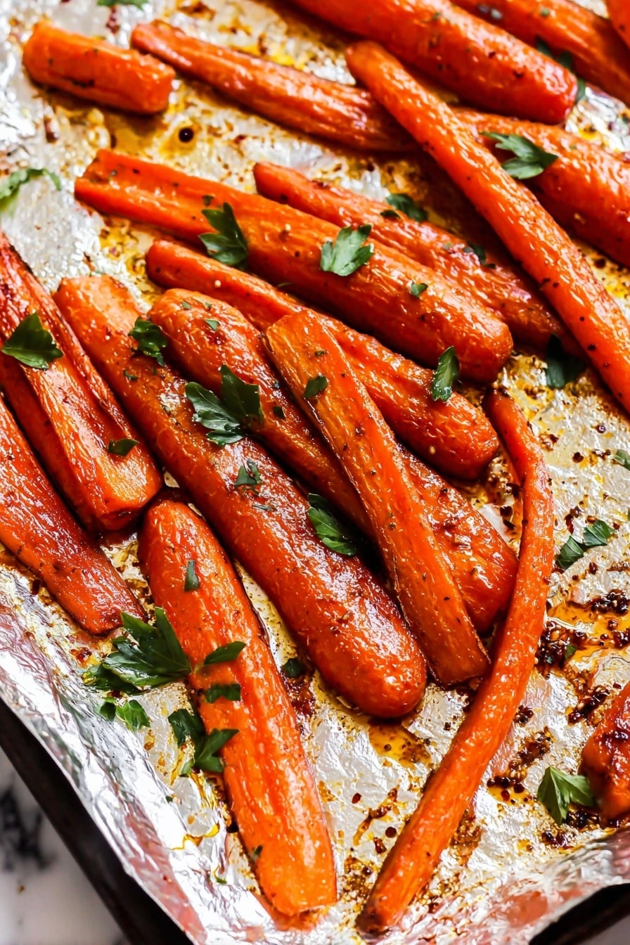 The image shows a baking tray covered with shiny silver foil holding several roasted carrots. The carrots are cut into long pieces, some whole and some sliced lengthwise, with a bright orange color and a slightly caramelized texture. Small green parsley leaves are scattered on top for garnish. The foil has spots of roasted oil and seasoning, adding an appetizing glistening effect. The background surface is a white marbled texture. Photo taken with an iphone --ar 2:3 --v 7 - Maple Roasted Carrots, sweet roasted carrots, easy vegetable side dish, healthy carrot recipes, fall vegetable sides