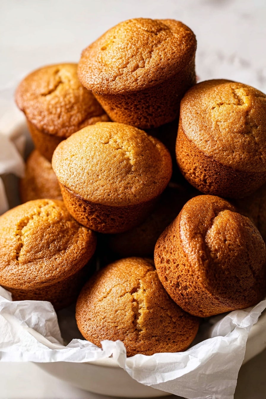 A white bowl lined with crinkled white parchment paper holds a pile of golden brown muffins with rounded, cracked tops and slightly darker sides, visibly soft and moist in texture. The muffins are stacked irregularly, some standing upright while others rest on their sides, showing the porous crumb of their layers. The scene is set on a white marbled surface with soft natural light casting gentle shadows that highlight the muffin tops’ fine cracks and rich warm color. Photo taken with an iphone --ar 2:3 --v 7 - Pumpkin Muffins with Fall Spices, fall pumpkin muffin recipe, cozy autumn muffins, easy pumpkin spice muffins, moist pumpkin muffins with spices