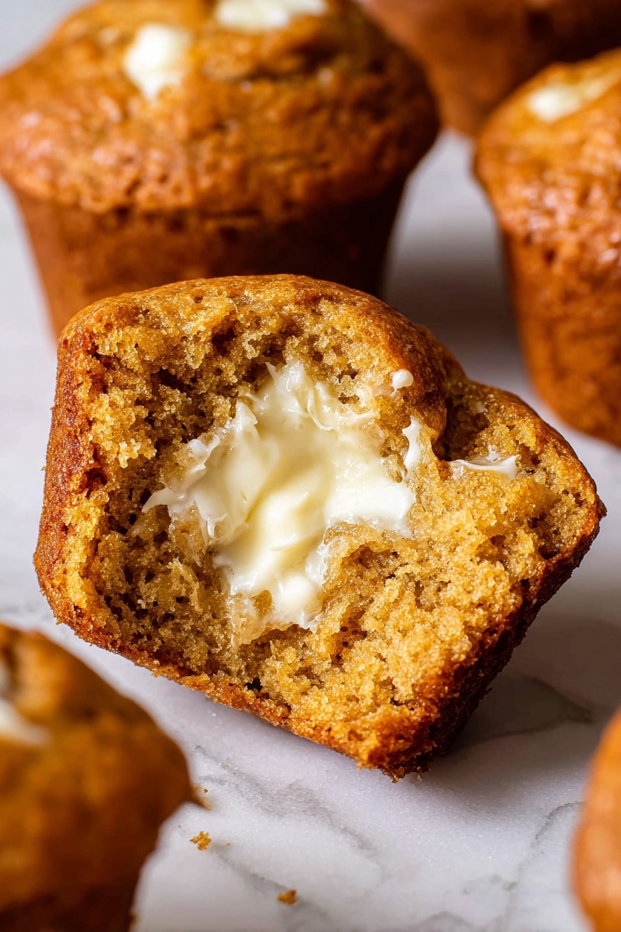 The image shows a close-up of a muffin broken in half, revealing a soft, moist texture inside with a spread of creamy, melted butter on one side. The muffin’s outer crust is rich golden brown and slightly crisp, while the inside is a dense, honey-brown color with small air pockets. Surrounding the main muffin piece, there are other muffins blurred slightly in the background, all with a similar warm golden outer color. The surface beneath the muffins is a white marbled texture. photo taken with an iphone --ar 2:3 --v 7 - Pumpkin Muffins with Fall Spices, fall pumpkin muffin recipe, cozy autumn muffins, easy pumpkin spice muffins, moist pumpkin muffins with spices