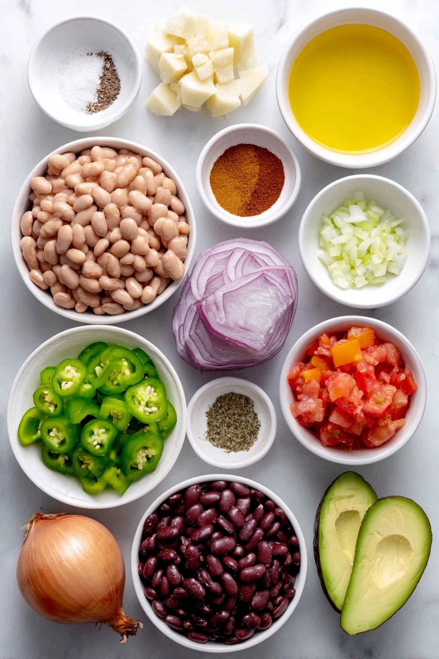 Flat lay of a small white ceramic bowl of golden olive oil, half a large yellow onion roughly chopped, one green bell pepper diced, one red bell pepper diced, one small bright green jalapeño minced, three garlic cloves whole and unpeeled, a small white bowl of coarse salt, a small white bowl of freshly ground black pepper, a small white bowl of warm brown ground cinnamon, a small white bowl of light brown ground cumin, a small white bowl of deep red chili powder, a small white bowl of pale beige onion powder, a small white bowl of rich vegetable broth, a simple white ceramic bowl filled with bright red petite diced tomatoes, a small white ceramic bowl with rinsed light brown pinto beans, a small white ceramic bowl holding dark red kidney beans, a small white ceramic bowl of smooth orange pumpkin puree, a fresh large sweet potato peeled and diced into cubes, a small white ceramic bowl with shiny black beans, a small pile of freshly chopped bright green cilantro leaves, finely chopped vivid purple-red onion, and sliced ripe green avocado arranged with perfect symmetry, placed on a clean white marble surface, soft natural light, photo taken with an iPhone, professional food photography style, fresh ingredients, white ceramic bowls, no bottles, no duplicates, no utensils, no packaging --ar 2:3 --v 7 --p awthu7i m7354615311229779997 - Vegetarian Pumpkin Chili, hearty pumpkin chili, healthy vegetarian chili, easy pumpkin chili recipe, cozy fall chili