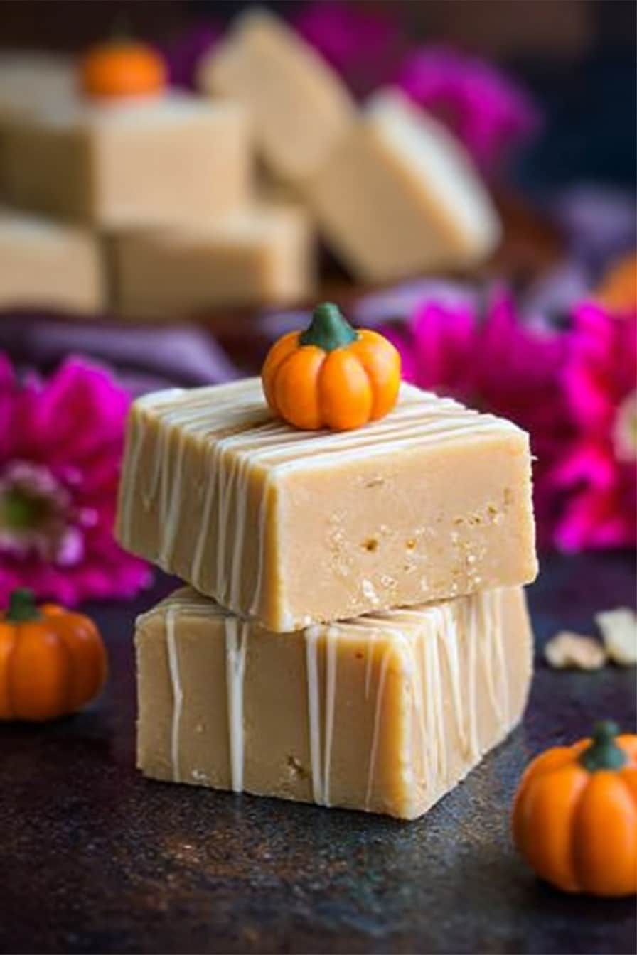 The image shows two square pieces of light beige fudge with a smooth texture and white drizzle lines creating a crisscross pattern on top. Each fudge piece is decorated with a tiny bright orange pumpkin made of icing and a small green stem. These fudge squares sit on a white plate that rests on a dark wooden surface. In the background, there are bright pink flowers and a small orange pumpkin that add warm, autumn colors to the scene, all set against a white marbled texture. photo taken with an iphone --ar 2:3 --v 7 - Pumpkin White Chocolate Fudge, fall pumpkin fudge, easy pumpkin fudge recipe, no-bake pumpkin fudge, holiday pumpkin fudge