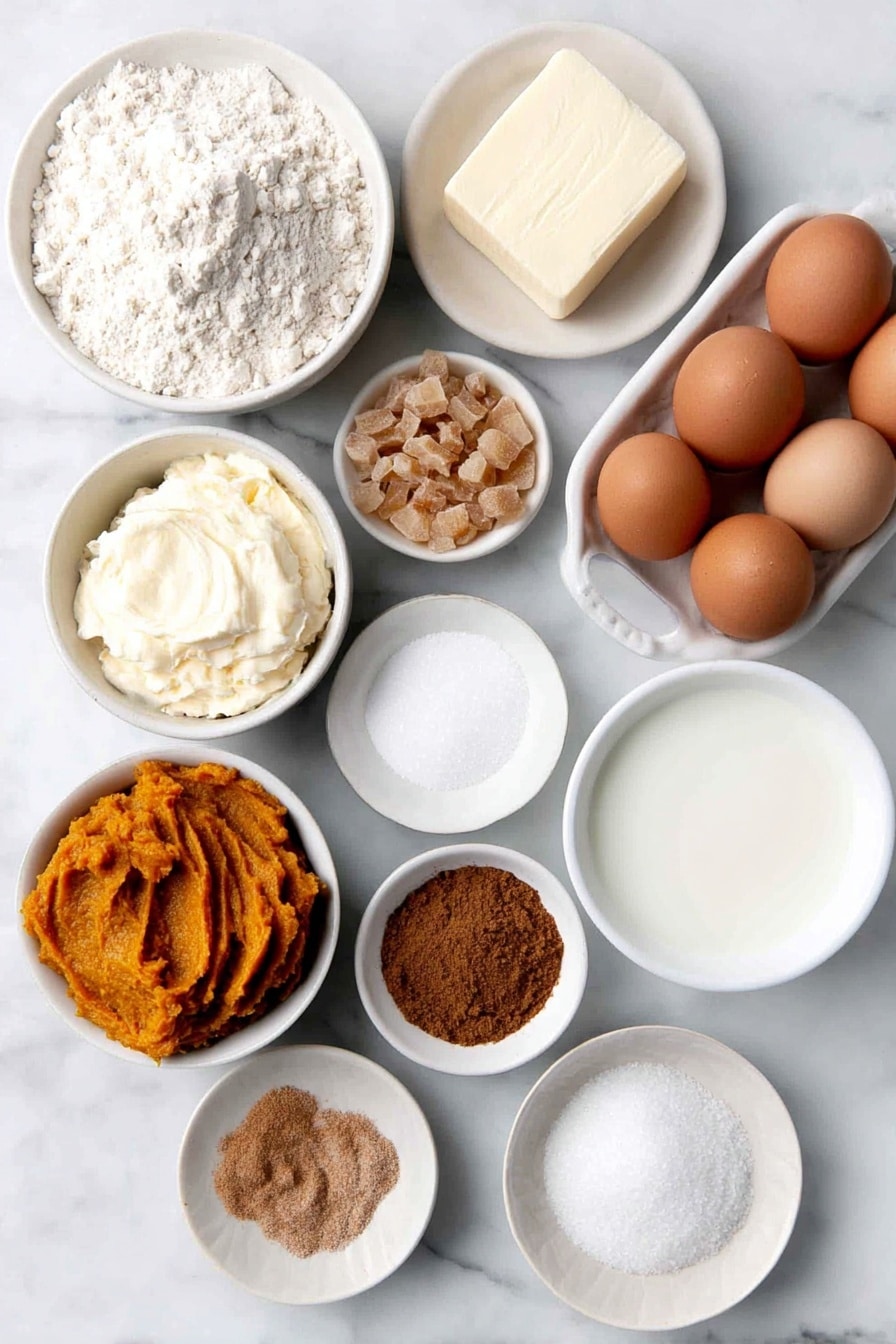 Flat lay of a small pat of smooth butter, a few tablespoons of fine white sugar in a small white ceramic bowl, three whole clean brown eggs with uncracked shells, a small mound of fine corn starch on a white ceramic plate, a dollop of bright orange pumpkin puree in a small white bowl, a small white bowl holding brown sugar crystals, a small white bowl filled with fresh whole milk, a scattering of warm brown cinnamon powder on a white ceramic dish, tiny piles of ground ginger, nutmeg, and a pinch of allspice each neatly arranged on small white plates, a tiny mound of fine salt on a white ceramic spoon rest dish, and a small white bowl of clear vanilla extract liquid, all arranged with perfect symmetry and balanced proportions, placed on a clean white marble surface, soft natural light, photo taken with an iPhone, professional food photography style, fresh ingredients, white ceramic bowls, no bottles, no duplicates, no utensils, no packaging --ar 2:3 --v 7 --p awthu7i m7354615311229779997 - Pumpkin Souffle, pumpkin souffle recipe, easy pumpkin souffle, gluten-free pumpkin dessert, fall pumpkin dessert
