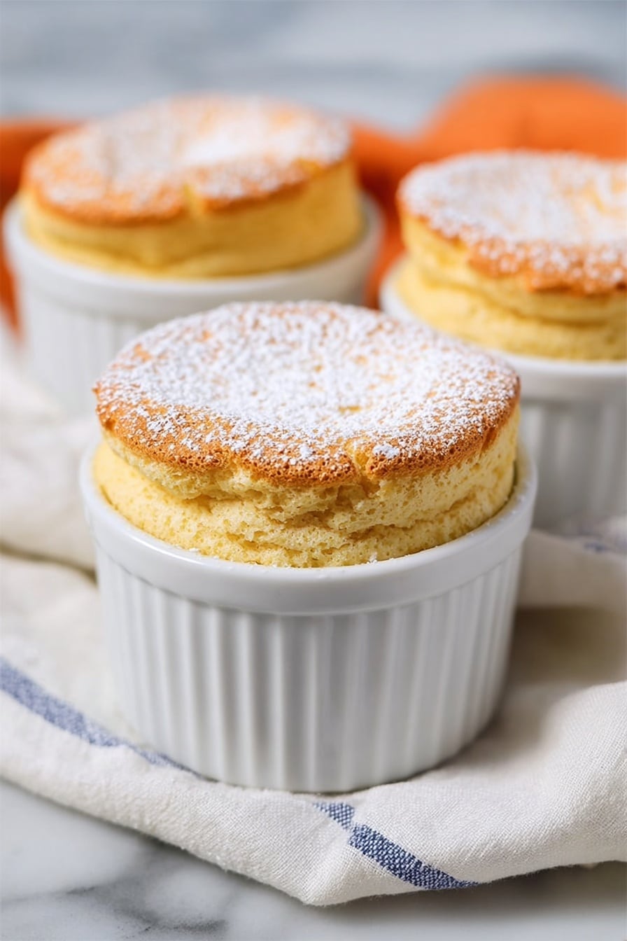 Three light golden soufflés rise above the top edges of white ramekins, each soufflé topped with a dusting of fine white powdered sugar. The soufflés have a soft, airy texture with a slightly browned crust on top. They are placed on a white marbled surface with a soft, blurred background that includes a hint of an orange object. The image shows a close-up, focusing on the front soufflé with the other two gently out of focus behind it. Photo taken with an iphone --ar 2:3 --v 7 - Pumpkin Souffle, pumpkin souffle recipe, easy pumpkin souffle, gluten-free pumpkin dessert, fall pumpkin dessert