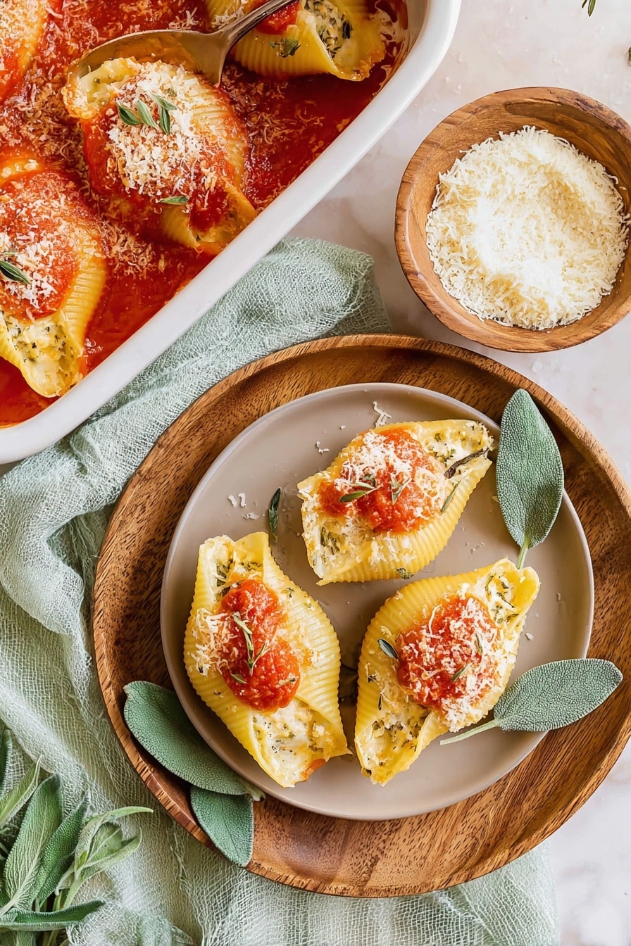 Three stuffed pasta shells sit on a round wooden plate, which is placed on a white plate. Each shell is filled with a yellow, creamy mixture and topped with a small spoonful of red tomato sauce, light sprinklings of grated cheese, and tiny green herb leaves. Fresh green sage leaves lie underneath the shells on the wooden plate. To the top left, a white baking dish contains the same shells covered in red tomato sauce with melted cheese on top. A small wooden bowl filled with white grated cheese is placed above the plates. The background features a light green cloth on a white marbled surface. photo taken with an iphone --ar 2:3 --v 7 - Pumpkin Ricotta Stuffed Shells, pumpkin stuffed shells, fall pasta recipes, autumn stuffed shells, creamy pumpkin pasta