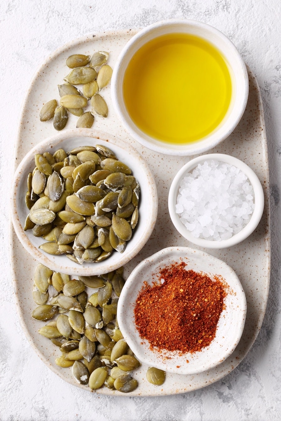 Flat lay of raw pumpkin seeds scattered beside a small white ceramic bowl of vibrant golden extra-virgin olive oil, a small white ceramic bowl filled with coarse sea salt crystals, and a small white ceramic bowl containing bright red chili powder, all arranged with perfect symmetry on a simple white ceramic plate holding a few fresh pumpkin seeds, placed on a clean white marble surface, soft natural light, photo taken with an iPhone, professional food photography style, fresh ingredients, white ceramic bowls, no bottles, no duplicates, no utensils, no packaging --ar 2:3 --v 7 --p awthu7i m7354615311229779997 - Spicy Roasted Pumpkin Seeds, spicy pumpkin seed snack, roasted pumpkin seeds recipe, fall snack ideas, healthy pumpkin seed recipes