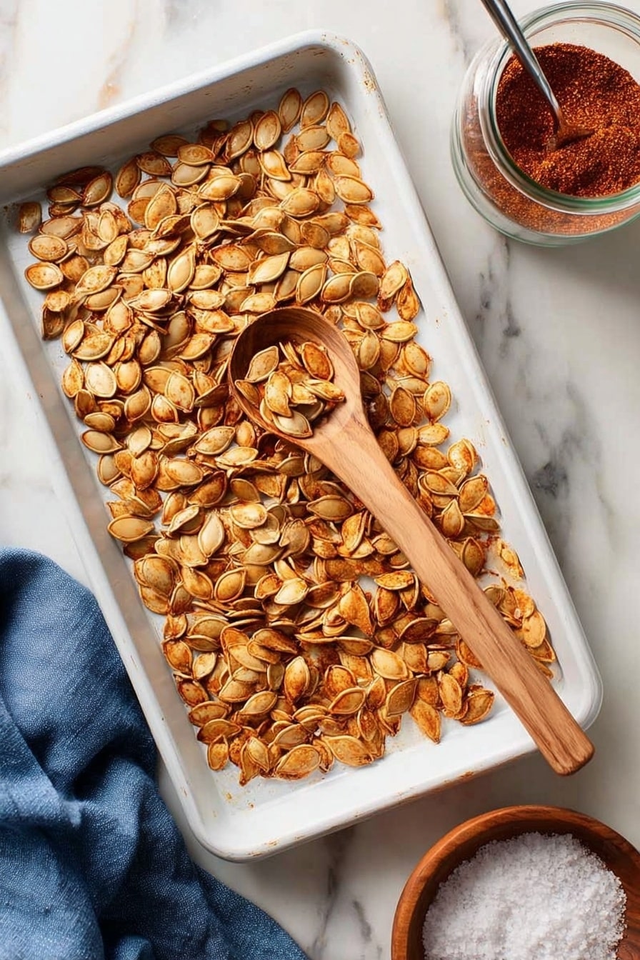 A metal baking sheet holds a single layer of golden brown roasted pumpkin seeds spread out evenly on white parchment paper. A wooden spoon filled with more roasted seeds rests near the right side of the sheet, its handle extending outwards. The baking sheet is placed on a white marbled surface with a blue cloth partially visible on the lower left corner and a round wooden bowl with salt in the lower right corner. The seeds show slight color variation from light to darker golden brown, giving a roasted texture. photo taken with an iphone --ar 2:3 --v 7 - Spicy Roasted Pumpkin Seeds, spicy pumpkin seed snack, roasted pumpkin seeds recipe, fall snack ideas, healthy pumpkin seed recipes