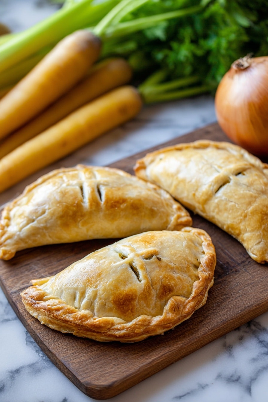 The image shows two golden brown empanadas on a wooden board with crimped edges and steam vents on top, one near the center and the other at the bottom right corner. Above the empanadas, there are several long, yellow carrots laid out diagonally from left to right. To the upper right of the carrots, there is a large onion with a textured skin. The background is a white marbled texture. photo taken with an iphone --ar 2:3 --v 7 - Handheld Chicken Pot Pie, chicken pot pie pastry pockets, portable chicken pot pie, flaky chicken pie snack, easy chicken pie on-the-go
