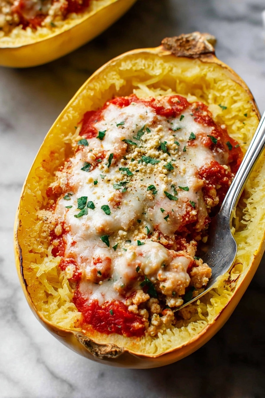 The dish shows a yellow spaghetti squash cut in half lengthwise, placed on a white marbled surface. The hollow center of the squash acts as a bowl, holding a bright red tomato sauce mixed with small crumbles of light beige tofu or ground protein. On top, there is a melted white cheese layer with melted texture, scattered with green parsley flakes and small crunchy-looking granules that add a textured contrast. A silver spoon is inserted into one half of the squash, ready to scoop. The edges of the squash show a slightly roasted look with a soft yellow flesh inside. photo taken with an iphone --ar 2:3 --v 7 - Spaghetti Squash Lasagna, healthy spaghetti squash lasagna, low-carb lasagna recipe, veggie-packed lasagna, gluten-free lasagna