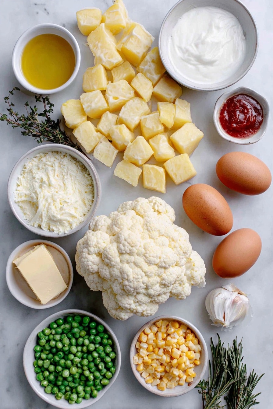 Flat lay of peeled Yukon gold potatoes cut into 2-inch cubes, a large head of cauliflower broken into florets, whole uncracked brown eggs with clean shells, a small white bowl of plain Greek yogurt, a small white bowl of milk, a small white bowl of lower sodium chicken broth, a few pats of butter, a small white bowl of olive oil, fresh chopped onion, two peeled and diced carrots, two diced celery ribs, three cloves of fresh garlic, a small white bowl of flour, a small white bowl of tomato paste, a small white bowl of Worcestershire sauce, fresh sprigs of thyme and rosemary chopped, a small pile of frozen corn kernels, a small pile of frozen peas placed on a clean white marble surface, soft natural light, photo taken with an iPhone, professional food photography style, fresh ingredients, white ceramic bowls, no bottles, no duplicates, no utensils, no packaging --ar 2:3 --v 7 --p awthu7i m7354615311229779997 - Healthy Turkey Shepherd's Pie, Turkey Shepherd's Pie, Healthy Shepherd's Pie, Light Shepherd's Pie, Nourishing Turkey Shepherd's Pie