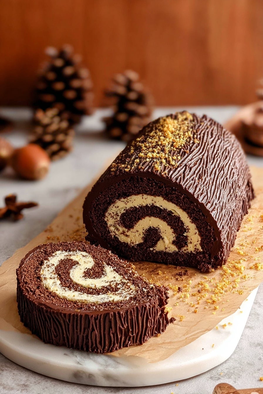 A chocolate roll cake with one large piece and one smaller round slice placed in front. The outer layer is covered in dark chocolate frosting with a textured wavy pattern that looks like tree bark. Inside, there are spiral layers of light cream and dark chocolate sponge cake, creating a swirl effect. The cake sits on a piece of parchment paper on a white marbled surface, sprinkled with crushed golden crumbs around it. In the background, there are pine cones and blurred warm brown tones adding a cozy feel. Photo taken with an iphone --ar 2:3 --v 7 - Chocolate Yule Log Cake, holiday dessert, Christmas cake recipe, chocolate cake roll, festive dessert idea