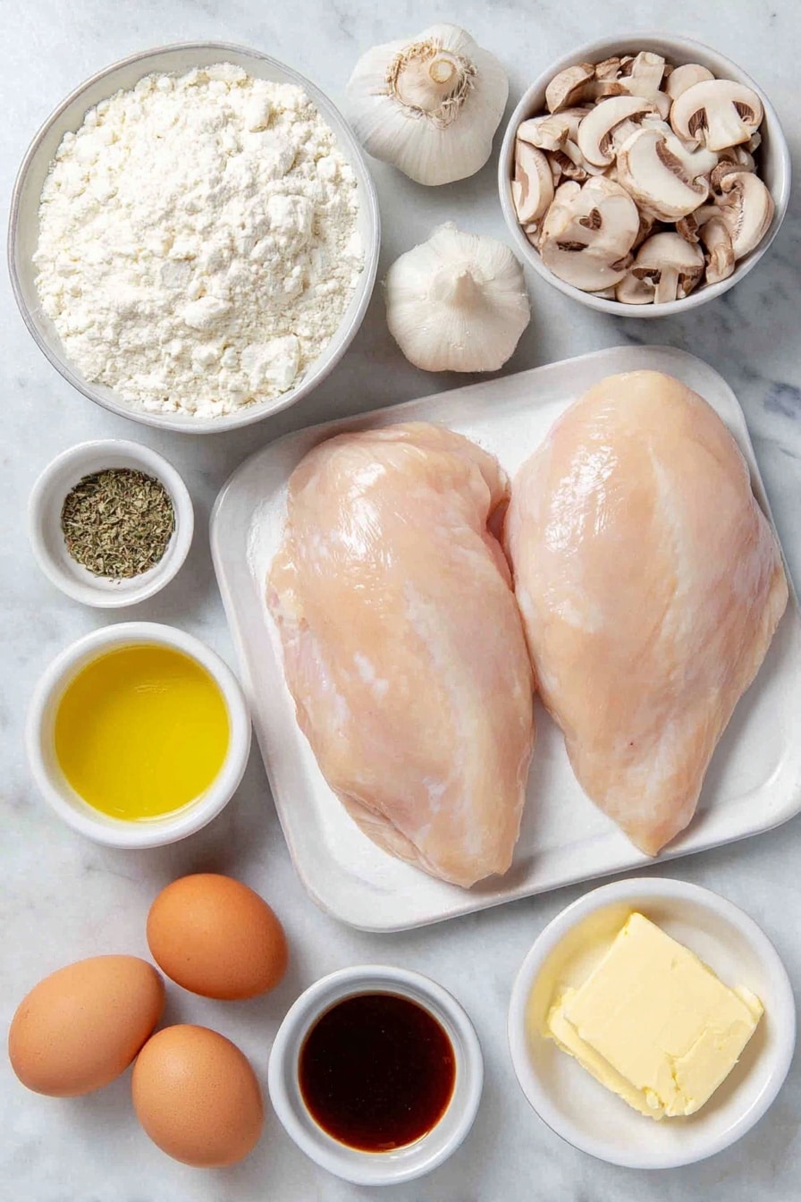 Flat lay of two raw chicken breasts with smooth pale pink skin, a small white ceramic bowl of white all-purpose flour, a few whole uncracked brown eggs, a small white ceramic bowl filled with golden olive oil, a small pat of creamy yellow butter on a white ceramic dish, a small white ceramic bowl holding sliced light brown cremini mushrooms, half a medium yellow onion chopped finely on a simple white plate, a small white ceramic bowl of grainy yellow Dijon mustard, a small white ceramic bowl containing dark brown Worcestershire sauce, three peeled garlic cloves scattered whole, a small white ceramic bowl with clear golden chicken broth, a small white ceramic bowl of thick white sour cream, a small pile of coarse salt crystals and a few whole black peppercorns placed neatly next to the ingredients, arranged with perfect symmetry and realistic proportions, placed on a clean white marble surface, soft natural light, photo taken with an iPhone, professional food photography style, fresh ingredients, white ceramic bowls, no bottles, no duplicates, no utensils, no packaging --ar 2:3 --v 7 --p awthu7i m7354615311229779997 - Easy Chicken Stroganoff with Mushrooms, Chicken Stroganoff dish, creamy chicken pasta, quick weeknight chicken dinner, comforting mushroom chicken