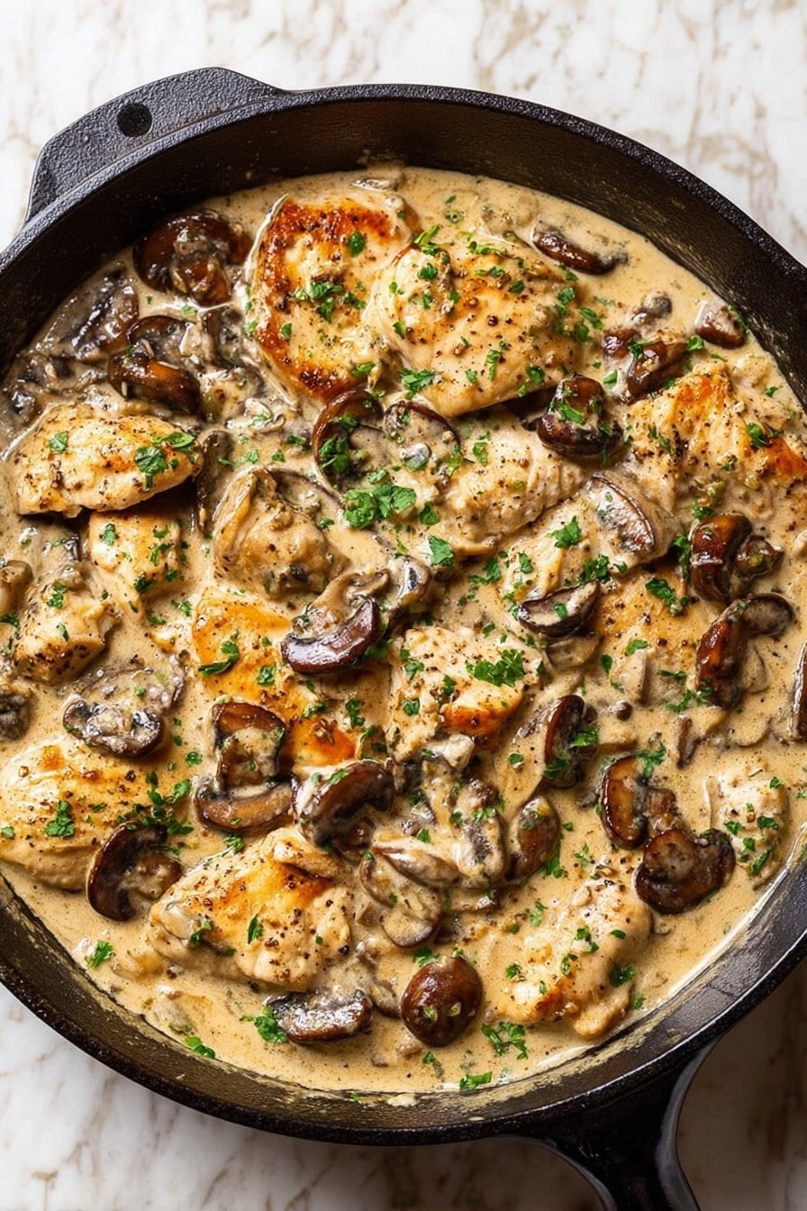 A close-up view of a black cast iron skillet filled with creamy chicken and mushroom dish in a light beige sauce. The top layer shows golden-brown browned pieces of chicken mixed evenly with dark brown sliced mushrooms, all coated in the creamy sauce and sprinkled with small green parsley bits and ground black pepper. The skillet sits on a white marbled surface. photo taken with an iphone --ar 2:3 --v 7 - Easy Chicken Stroganoff with Mushrooms, Chicken Stroganoff dish, creamy chicken pasta, quick weeknight chicken dinner, comforting mushroom chicken