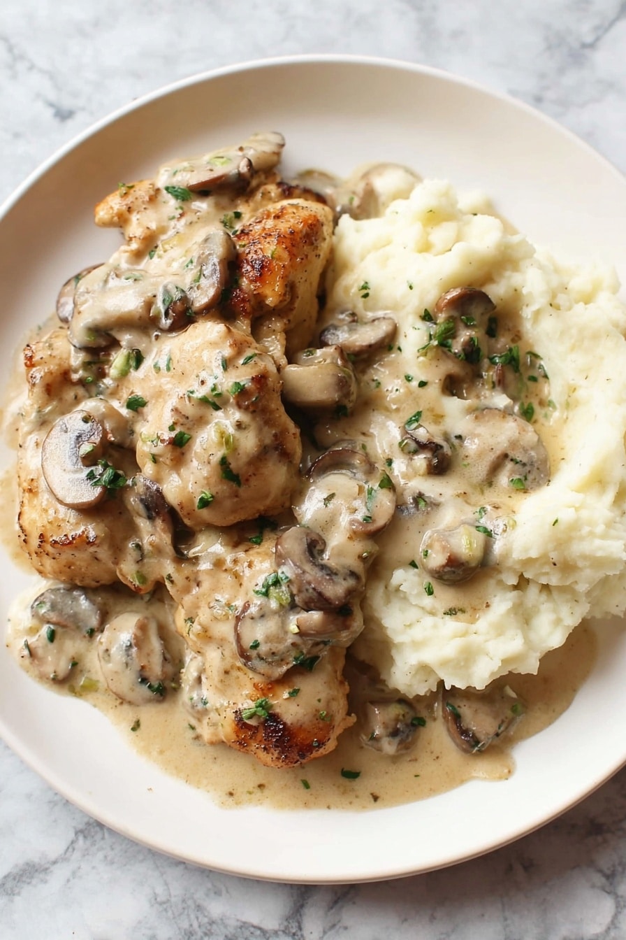 On a white plate, there is a serving of mashed potatoes that looks soft and creamy, positioned on the right side. The mashed potatoes are topped with a light brown creamy mushroom sauce with sliced mushrooms scattered on top, adding darker brown and beige tones. On the left side of the plate, there are several pieces of browned chicken, also covered in the same creamy mushroom sauce. The dish is sprinkled with small bits of green herbs for color contrast. The background has a white marbled texture. Photo taken with an iphone --ar 2:3 --v 7 - Easy Chicken Stroganoff with Mushrooms, Chicken Stroganoff dish, creamy chicken pasta, quick weeknight chicken dinner, comforting mushroom chicken