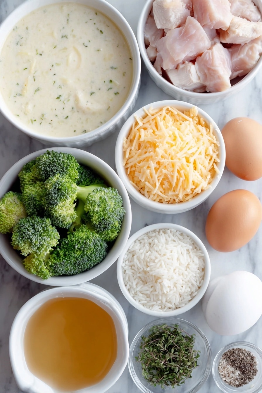 Flat lay of a small white ceramic bowl of creamy chicken soup, a small white ceramic bowl of golden chicken broth, a small white ceramic bowl of uncooked long grain white rice, a few pieces of raw diced boneless skinless chicken breast, a small white ceramic bowl of fresh baby broccoli florets, a small white ceramic bowl of grated sharp cheddar cheese, two whole uncracked brown eggs, small white ceramic bowls containing kosher salt and ground black pepper, a small white ceramic bowl with mixed fresh herbs including parsley, thyme, basil, oregano, and chives, placed on a clean white marble surface, soft natural light, photo taken with an iPhone, professional food photography style, fresh ingredients, white ceramic bowls, no bottles, no duplicates, no utensils, no packaging --ar 2:3 --v 7 --p awthu7i m7354615311229779997 - Easy Chicken Broccoli Rice Casserole, chicken broccoli rice bake, easy dinner recipes, weeknight casserole, cheesy chicken rice dish