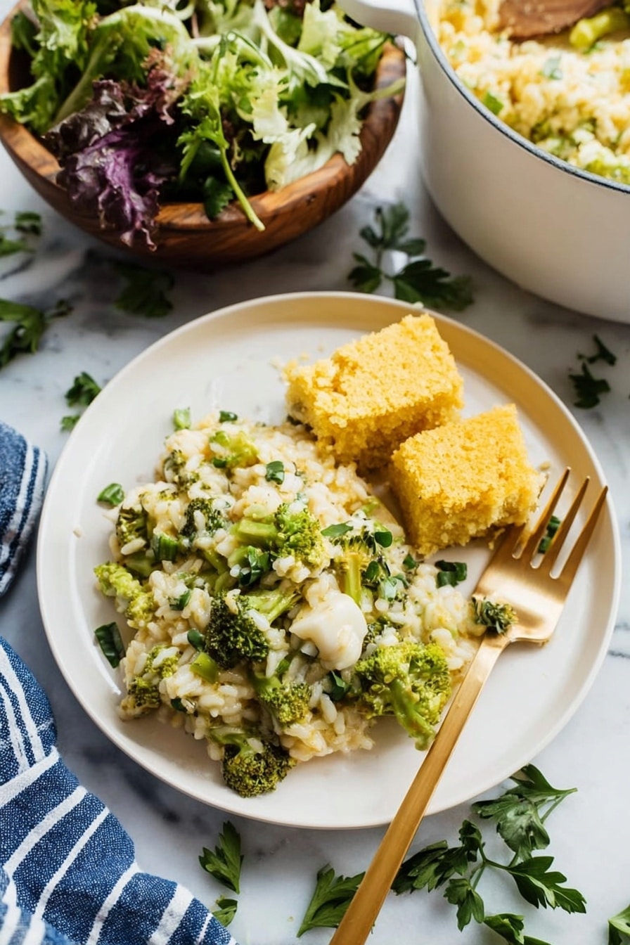 A white plate holds a creamy risotto mixed with bright green broccoli pieces and small white cheese chunks, topped with green herbs. On the side of the plate, there are two thick yellow cornbread squares with a soft texture. A gold fork rests on the right side of the plate, partially inside the rice. In the background, there is a wooden bowl with fresh green and purple salad leaves and a white pot filled with more risotto, all set on a white marbled surface with scattered parsley leaves. A striped blue and white cloth is at the bottom left corner of the image. Photo taken with an iphone --ar 2:3 --v 7 - Easy Chicken Broccoli Rice Casserole, chicken broccoli rice bake, easy dinner recipes, weeknight casserole, cheesy chicken rice dish