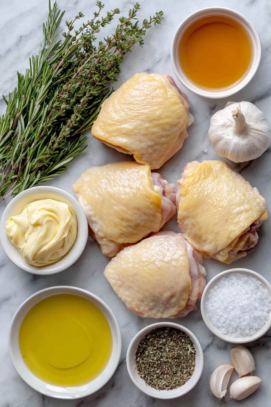 Flat lay of bone-in chicken thighs with smooth golden skin, a small white bowl of glossy amber honey, a small white bowl of creamy pale yellow Dijon mustard, two whole uncracked garlic bulbs with papery white skin, a small white bowl of clear golden extra-virgin olive oil, a few sprigs of fresh rosemary with dark green needle-like leaves, a few sprigs of fresh thyme with tiny green leaves, a small white bowl of coarse kosher salt crystals, a small white bowl of freshly ground black pepper, all arranged symmetrically on a clean white marble surface, soft natural light, photo taken with an iPhone, professional food photography style, fresh ingredients, white ceramic bowls, no bottles, no duplicates, no utensils, no packaging --ar 2:3 --v 7 --p awthu7i m7354615311229779997 - Honey Mustard Chicken Thighs, easy chicken thigh recipes, juicy baked chicken, flavorful weeknight dinner, chicken breast and thigh dishes