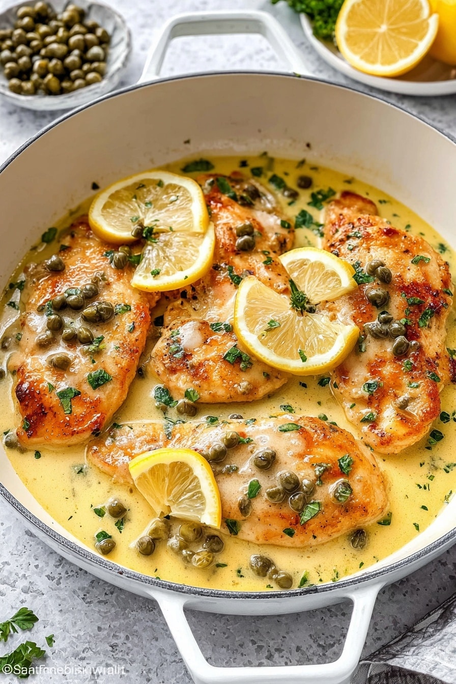 The image shows a white pan with three pieces of golden-brown cooked chicken layered at the bottom. The chicken is covered with a creamy yellow sauce that has small green capers scattered on top. There are small green parsley bits sprinkled over the sauce and chicken, and thin half-moon slices of bright yellow lemon placed on the chicken pieces. The pan handle is visible on the top and bottom sides. In the background, there is a white plate with capers and some green herbs on a white marbled surface. Photo taken with an iphone --ar 2:3 --v 7 - Easy Chicken Piccata in Lemon White Wine Sauce, chicken piccata recipe, lemon white wine chicken, approachable chicken dinner, quick elegant chicken dish