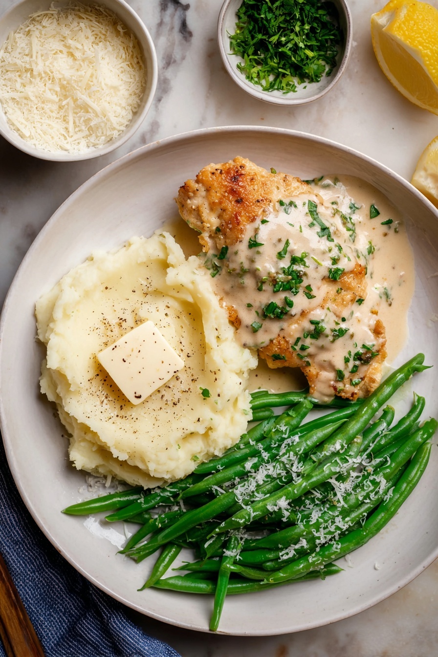 A white plate holds a meal with three sections. On the left is a golden-brown piece of cooked chicken topped with a creamy light beige sauce sprinkled with chopped green herbs. Below the chicken is a mousse-like creamy mashed potato with a square pat of melting butter on top, lightly dusted with black pepper and a few green herb bits. On the right side, a bunch of fresh bright green beans are neatly placed, sprinkled with some white grated cheese. The plate sits on a white marbled surface with a small white bowl of grated cheese in the upper left and a small white bowl of chopped green herbs in the top right, along with a lemon wedge on the bottom right corner. Photo taken with an iphone --ar 2:3 --v 7 - Garlic Parmesan Chicken in Creamy Sauce, easy chicken dinner recipes, creamy garlic chicken, Parmesan chicken recipes, quick weeknight chicken dishes
