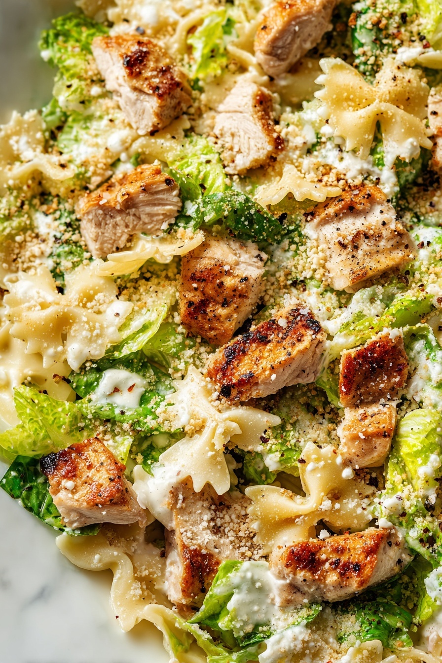The dish shows a close-up of a mixed salad with several layers: tender grilled chicken pieces with a light brown, slightly charred outside spread evenly, bright green leafy lettuce pieces layered beneath and around the chicken, and farfalle pasta shapes in pale yellow nestled throughout. The salad is topped with grated pale cheese and small crunchy breadcrumbs giving a slightly rough texture, along with a creamy white sauce drizzled in bits over the ingredients and specks of black pepper sprinkled on top. The whole scene rests on a white marbled surface. photo taken with an iphone --ar 2:3 --v 7 - Chicken Caesar Pasta Salad, easy pasta salad with grilled chicken, healthy Caesar salad with pasta, quick weeknight pasta salad, flavorful chicken pasta dish