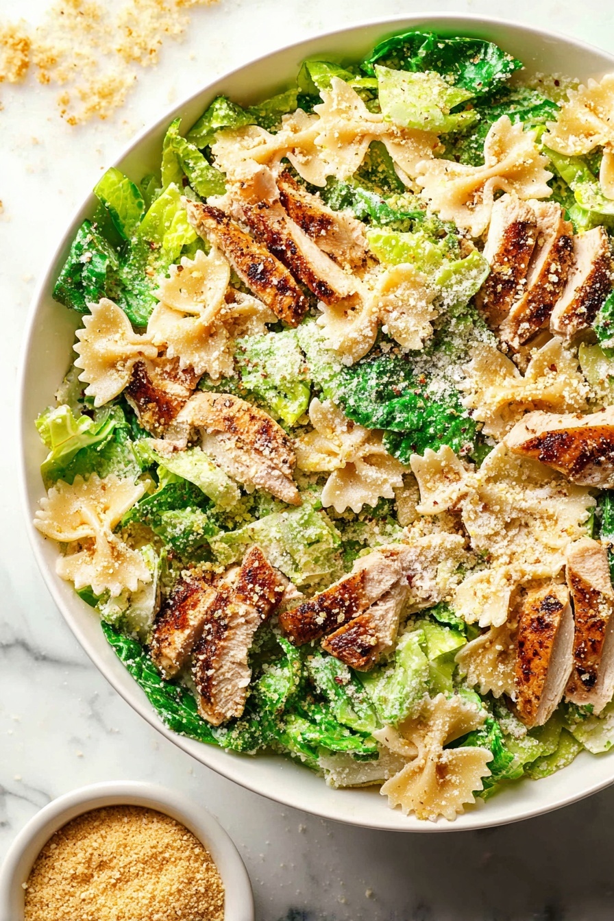 A large white bowl filled with a colorful salad showing layers of light green leafy lettuce pieces mixed with beige farfalle pasta shapes. On top of this are slices of browned, cooked chicken that have a slightly crispy texture. The dish is sprinkled with light brown grated cheese and breadcrumbs, giving a crumbly look over the salad. The bright green lettuce pieces and the pasta form the base layer, with chicken pieces scattered evenly above. The white marbled surface underneath adds a clean look, and there is a small bowl of extra breadcrumbs on the side. photo taken with an iphone --ar 2:3 --v 7 - Chicken Caesar Pasta Salad, easy pasta salad with grilled chicken, healthy Caesar salad with pasta, quick weeknight pasta salad, flavorful chicken pasta dish