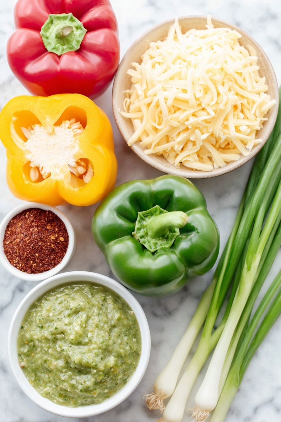 Flat lay of three halved red, yellow, and green bell peppers with seeds removed, a small pile of shredded cooked chicken breast, a small white ceramic bowl of bright green salsa verde, a block of smooth cream cheese, a small heap of finely grated sharp cheddar cheese, a small white ceramic bowl containing reddish paprika powder, a small white ceramic bowl with light beige onion powder, and two fresh green scallions with white bulbs, all arranged in perfect symmetry on a clean white marble surface, soft natural light, photo taken with an iPhone, professional food photography style, fresh ingredients, white ceramic bowls, no bottles, no duplicates, no utensils, no packaging --ar 2:3 --v 7 --p m7354615311229779997 - Creamy Chicken Stuffed Peppers, Stuffed Peppers with Chicken, Healthy Chicken Stuffed Peppers, Easy Stuffed Pepper Recipes, Cheesy Chicken Bell Peppers