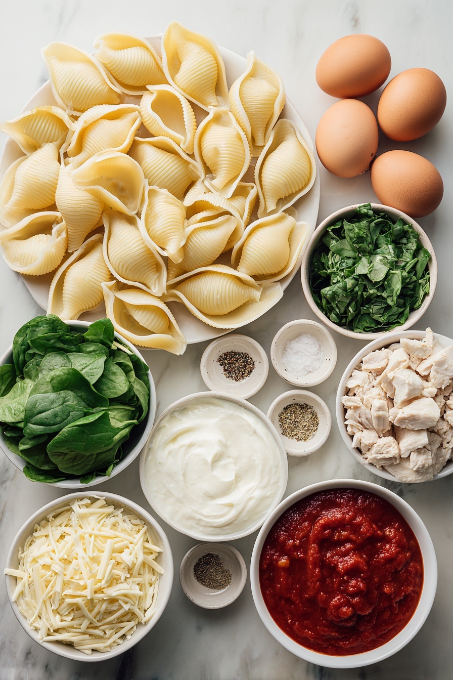 Flat lay of fresh jumbo pasta shells arranged neatly, a small pile of shredded mozzarella cheese, a small mound of shredded parmesan, a small white ceramic bowl filled with bright red pasta sauce, a small white ceramic bowl of creamy plain nonfat Greek yogurt, a small heap of chopped fresh spinach leaves, a small pile of chopped rotisserie chicken pieces, a small heap of chopped artichoke hearts, a few whole uncracked brown eggs, and small white ceramic bowls containing salt, garlic powder, dried parsley, and black pepper placed symmetrically, all placed on a clean white marble surface, soft natural light, photo taken with an iPhone, professional food photography style, fresh ingredients, white ceramic bowls, no bottles, no duplicates, no utensils, no packaging --ar 2:3 --v 7 --p m7354615311229779997 - Chicken Spinach Artichoke Stuffed Shells, Stuffed Shells with Chicken and Spinach, Baked Chicken and Spinach Stuffed Shells, Healthy Chicken Pasta Bake, Easy Stuffed Shells Dinner