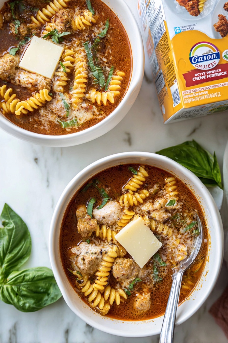The image shows two white bowls filled with a rich soup on a white marbled surface. Each bowl has three main layers: the bottom layer is a reddish-brown broth, slightly thick with visible seasoning. The middle layer has yellow spiral pasta mixed with chunks of cooked light brown meat and small pieces of green basil leaves scattered on top. The top layer features a square piece of melted cheese with a light golden-brown crust. A silver spoon is placed inside the front bowl, resting on the edge. Nearby, there is a partially visible carton of chicken broth and two fresh basil leaves on the surface. photo taken with an iphone --ar 2:3 --v 7 - Chicken Parmesan Soup, Chicken Parmesan Soup with Mozzarella Croutons, comforting chicken soup recipes, cheesy chicken soup, easy Italian-inspired soups