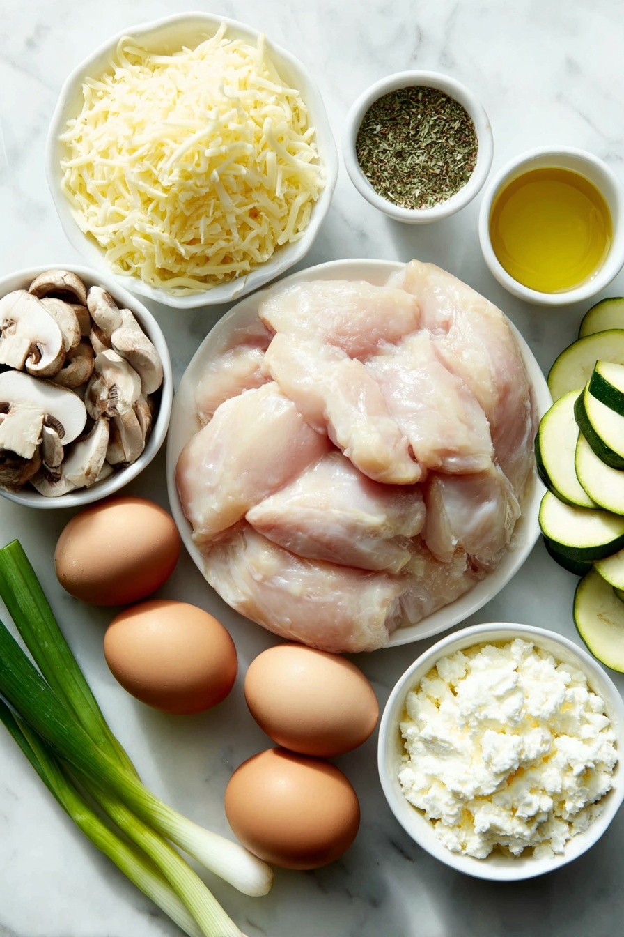 Flat lay of cubed raw chicken breasts seasoned with salt, thickly sliced fresh mushrooms, two medium zucchini sliced into half-moons, a small mound of shredded mozzarella cheese, a small white bowl of drained cottage cheese, four whole scallions with green tops, two whole uncracked brown eggs, a small white bowl containing olive oil, a small pile of grated parmesan cheese, and a small white bowl holding an Italian herb blend, arranged symmetrically on a simple white ceramic surface, placed on a clean white marble surface, soft natural light, photo taken with an iPhone, professional food photography style, fresh ingredients, white ceramic bowls, no bottles, no duplicates, no utensils, no packaging --ar 2:3 --v 7 --p m7354615311229779997 - Healthy Chicken Zucchini Bake, healthy chicken casserole, zucchini chicken bake, nutritious baked chicken dish, easy healthy dinner