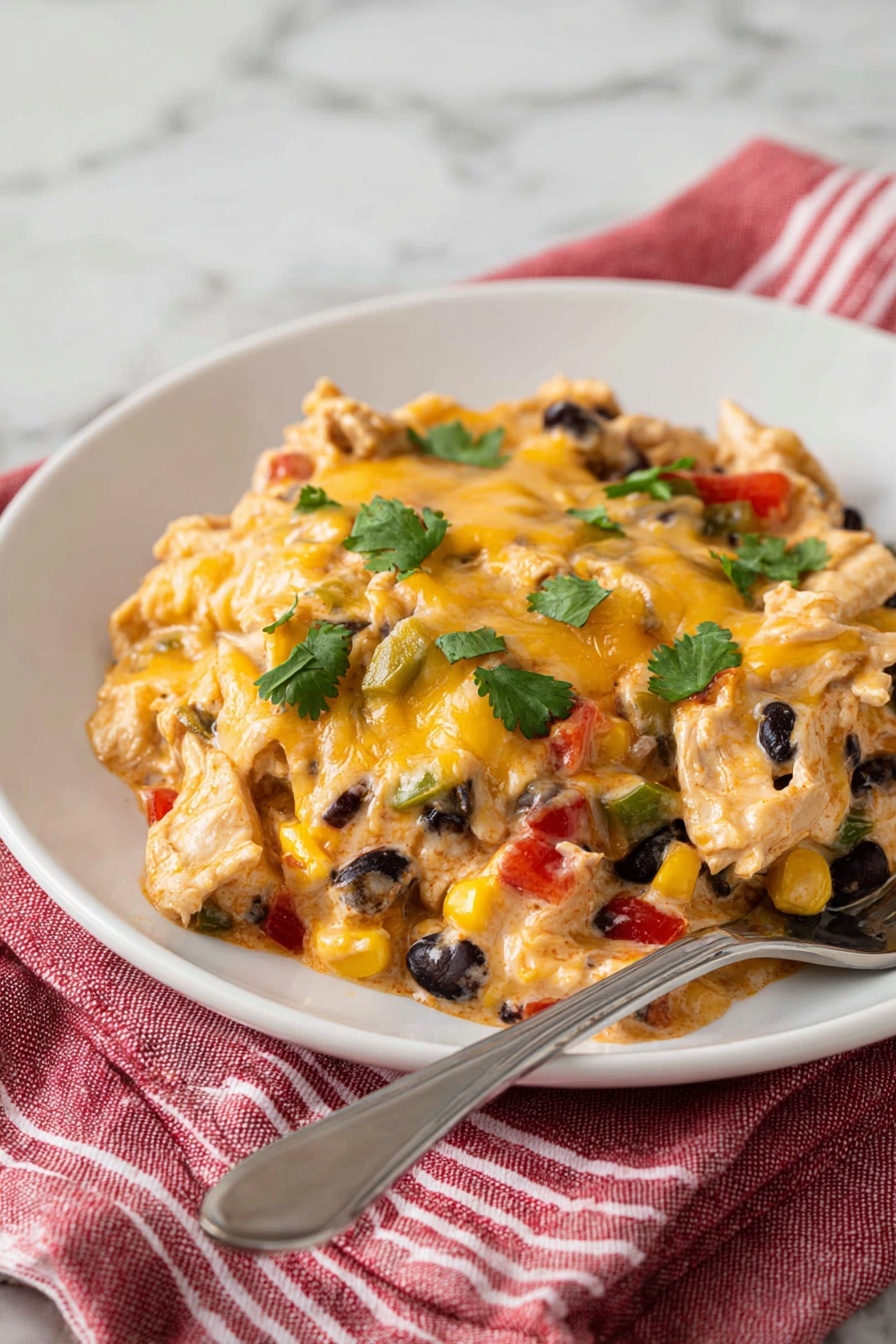 This dish has a base layer of mixed ingredients including black beans, corn, diced red and green peppers, and chunks of cooked chicken. The ingredients are lightly coated in a creamy sauce with orange tones. On top, there is a thick layer of melted yellow and white cheese that covers the entire dish. Small pieces of fresh green cilantro are sprinkled across the cheese. The food is served on a white plate that sits on a red and white striped cloth, with a silver fork placed on the edge of the plate. The background is a white marbled texture. Photo taken with an iphone --ar 2:3 --v 7 - Quick Chicken Taco Casserole, chicken taco casserole, easy taco casserole, cheesy chicken casserole, quick dinner recipes