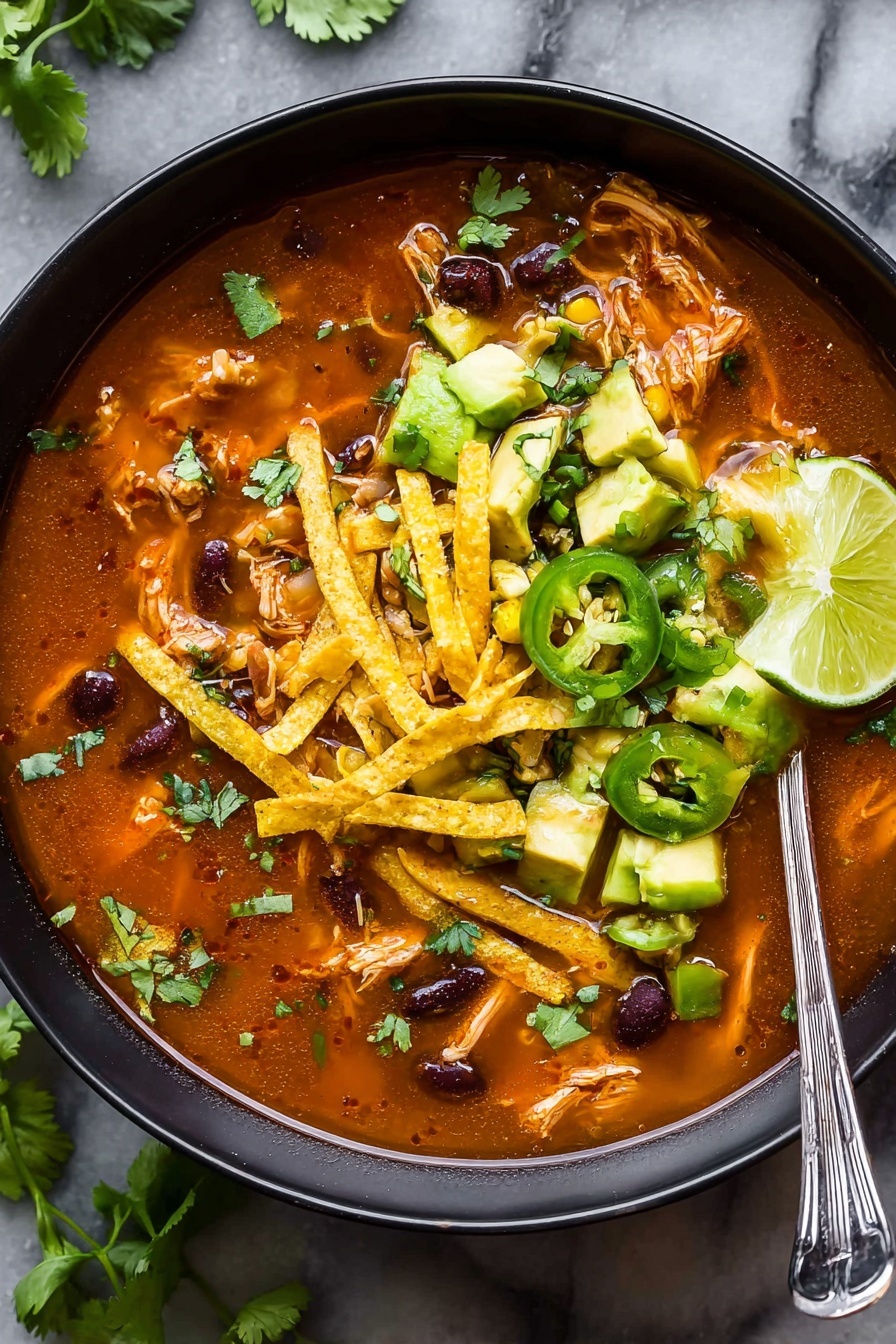 The dish is a black bowl filled with a rich, reddish-orange soup base that has a thick texture with visible shredded chicken and black beans mixed throughout. On top, there are bright yellow crispy tortilla strips layered randomly, diced green avocado pieces, thin slices of light green jalapeño peppers, and fresh green cilantro leaves scattered evenly. A light green lime wedge sits on one edge of the bowl. A silver spoon rests inside the bowl on the right side. The bowl is placed on a white marbled surface with some cilantro sprigs nearby. Photo taken with an iphone --ar 2:3 --v 7 - Chicken Tortilla Soup, flavorful chicken tortilla soup, easy tortilla soup recipe, spicy chicken soup, homemade tortilla strips