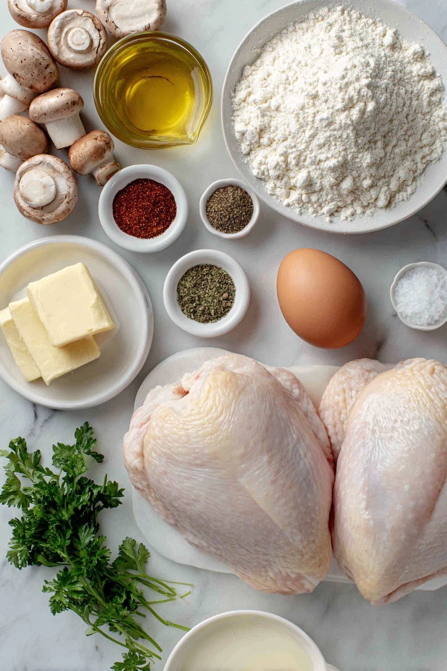Flat lay of two large raw chicken breasts, one whole brown egg with a clean shell, a small mound of plain all-purpose flour on a white ceramic plate, a small white bowl with coarse salt, a small white bowl with freshly ground black pepper, a small white bowl with paprika powder, a small white bowl with garlic salt, a small white bowl of golden olive oil, a chunk of unsalted butter on a white ceramic dish, one peeled brown onion sliced into rings on a white plate, three peeled garlic cloves minced, a mix of fresh chestnut and button mushrooms sliced on a white ceramic plate, a small white bowl filled with amber-colored dry Marsala wine, a small white bowl with light golden chicken stock, a small white bowl with thick heavy cream, and a few sprigs of fresh chopped parsley arranged neatly on a simple white ceramic dish, placed on a clean white marble surface, soft natural light, photo taken with an iPhone, professional food photography style, fresh ingredients, white ceramic bowls, no bottles, no duplicates, no utensils, no packaging --ar 2:3 --v 7 --p m7354615311229779997 - Chicken Marsala with Mushrooms, Chicken Marsala Italian dish, easy Chicken Marsala recipe, quick Chicken Marsala dinner, homemade Chicken Marsala