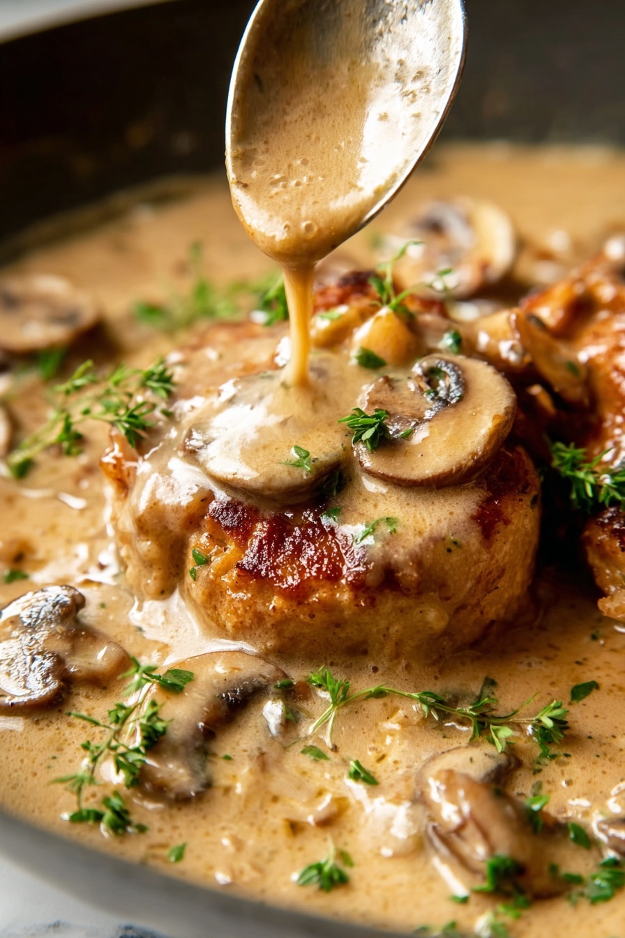 This image shows a close-up of four golden-brown fried chicken pieces in a creamy light brown sauce. The sauce has visible sautéed sliced onions and mushrooms, both light golden and brown in color. Small bits of fresh green parsley are sprinkled on top, adding a touch of bright green. The chicken pieces have a crispy texture with dark specks of seasoning. The dish is in a pan placed on a white marbled surface. photo taken with an iphone --ar 2:3 --v 7 - Chicken Marsala with Mushrooms, Chicken Marsala Italian dish, easy Chicken Marsala recipe, quick Chicken Marsala dinner, homemade Chicken Marsala