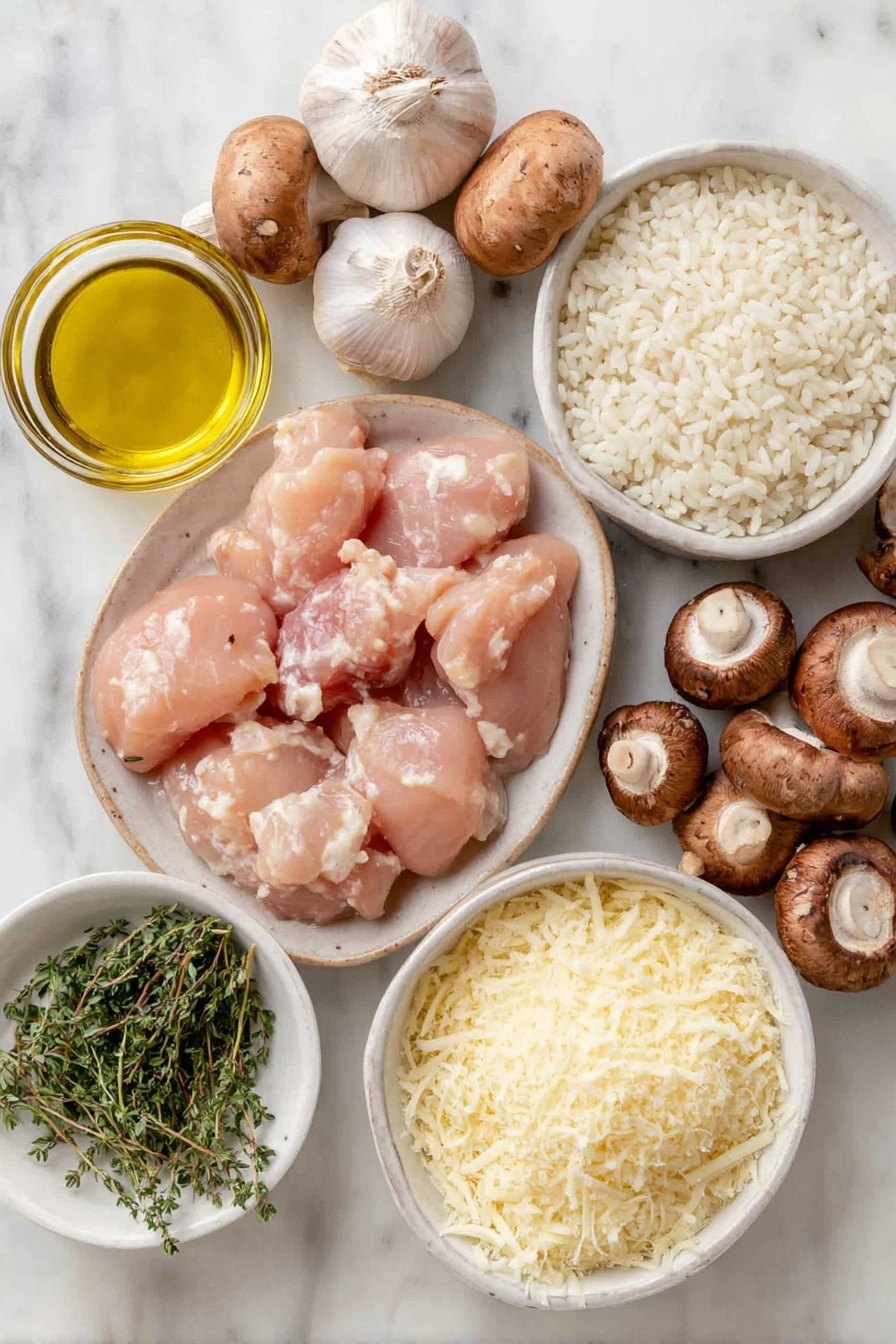Flat lay of a small white ceramic bowl with golden olive oil, three fresh shallots with light purple and white skins, two plump skinless boneless chicken breasts cubed, a handful of fresh brown mushrooms including halved and whole ones, two whole cloves of garlic with smooth white skins, a small white ceramic bowl filled with pearly white Arborio rice, a small white ceramic bowl holding clear dry white wine, a small white ceramic bowl filled with fresh green thyme leaves, a small white ceramic bowl of finely grated pale yellow Parmesan cheese, and a small white ceramic bowl of coarse sea salt crystals, all arranged with perfect symmetry and realistic proportions, placed on a clean white marble surface, soft natural light, photo taken with an iPhone, professional food photography style, fresh ingredients, white ceramic bowls, no bottles, no duplicates, no utensils, no packaging --ar 2:3 --v 7 --p m7354615311229779997 - Creamy Chicken Mushroom Risotto, chicken mushroom risotto recipe, easy risotto recipes, comforting mushroom risotto, one-pan chicken risotto