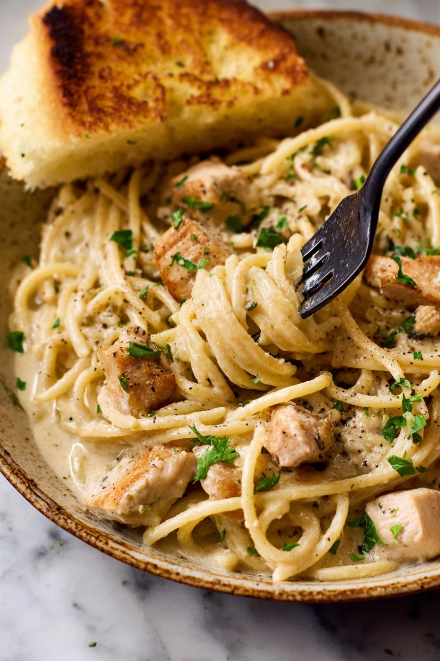 The image shows two bowls of creamy chicken pasta placed on a white marbled surface. Each bowl is filled with creamy white sauce-coated pasta strands intertwined with small pieces of light golden cooked chicken. The pasta is topped with a sprinkle of grated parmesan cheese and fresh green parsley leaves scattered over the dish. One bowl in the foreground features two golden brown toasted bread pieces resting against the edge. The bowls are beige with a speckled pattern and a spoon is visible inside the bowl closer to the camera. The overall look is warm and inviting, with soft textures and subtle color contrasts. Photo taken with an iphone --ar 2:3 --v 7 - Garlic Parmesan Chicken Pasta, creamy garlic pasta, easy chicken pasta, quick dinner recipe, cheesy chicken pasta